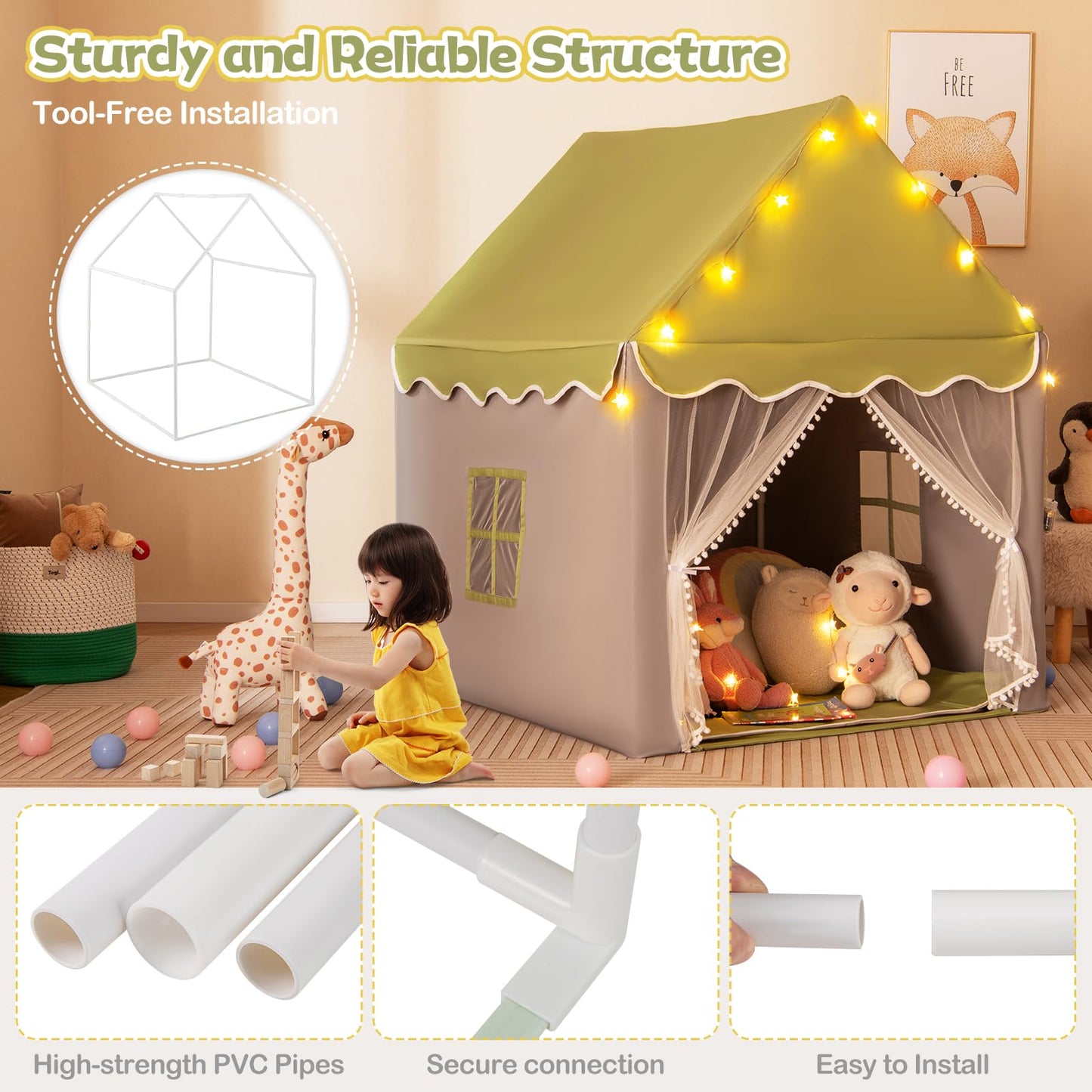 Large Kids Play House with Washable Mat and Star Lights