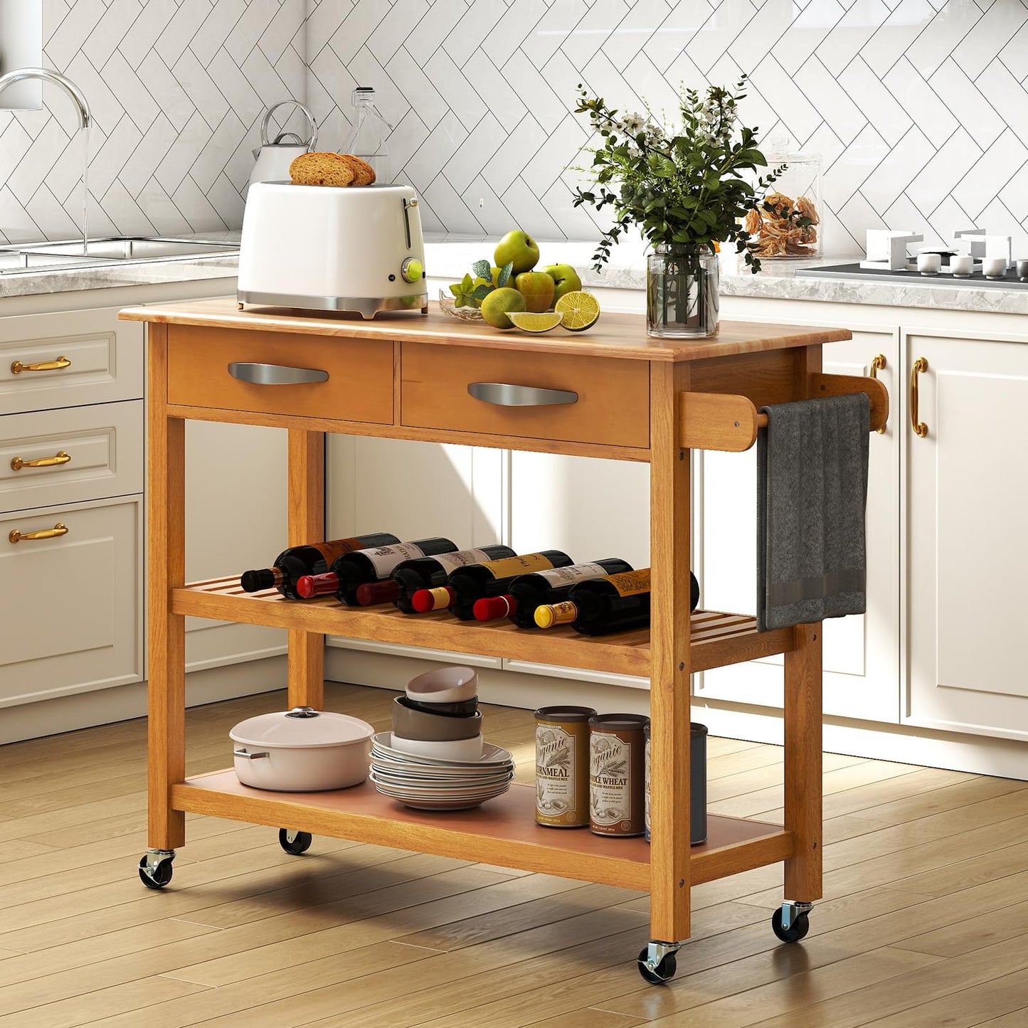 Kitchen Island with Storage 3-Tier Rolling Utility Cart with Wood Countertop