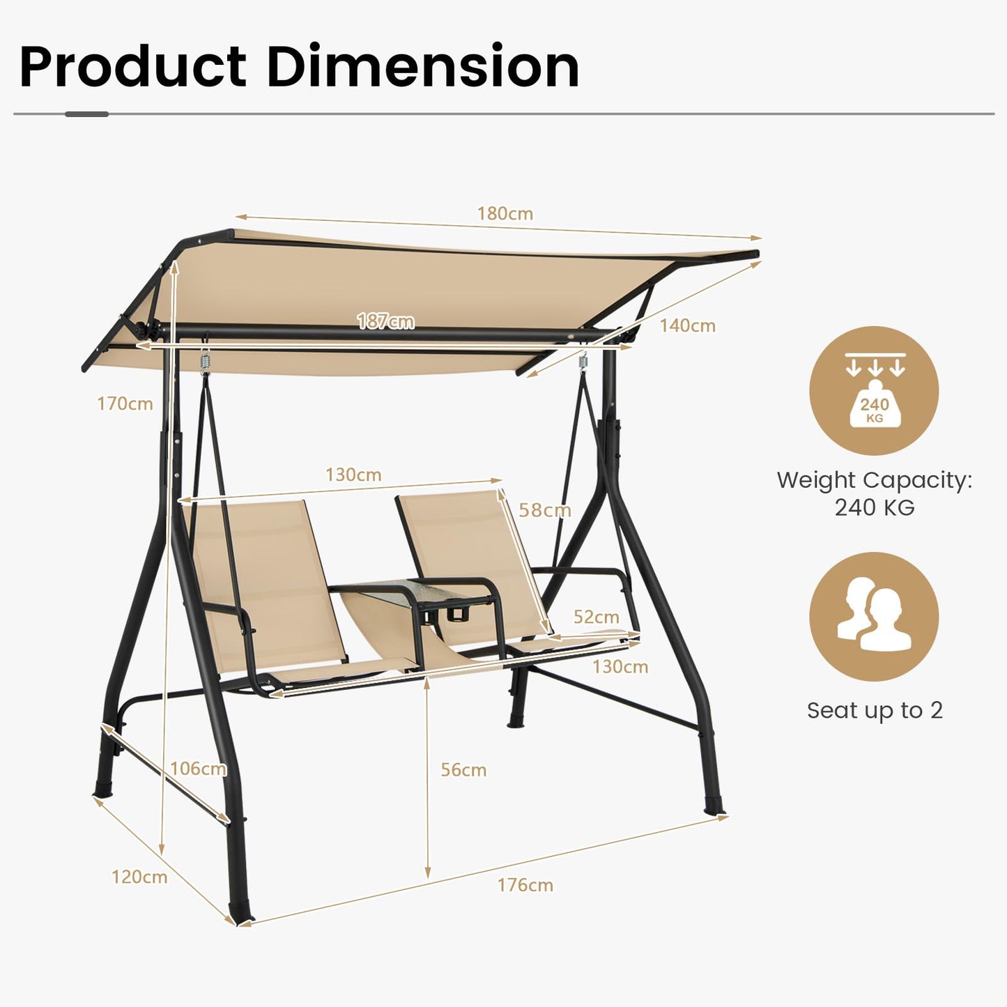 Outdoor Hammock Bench Chair with Adjustable Canopy and Tempered Glass Table