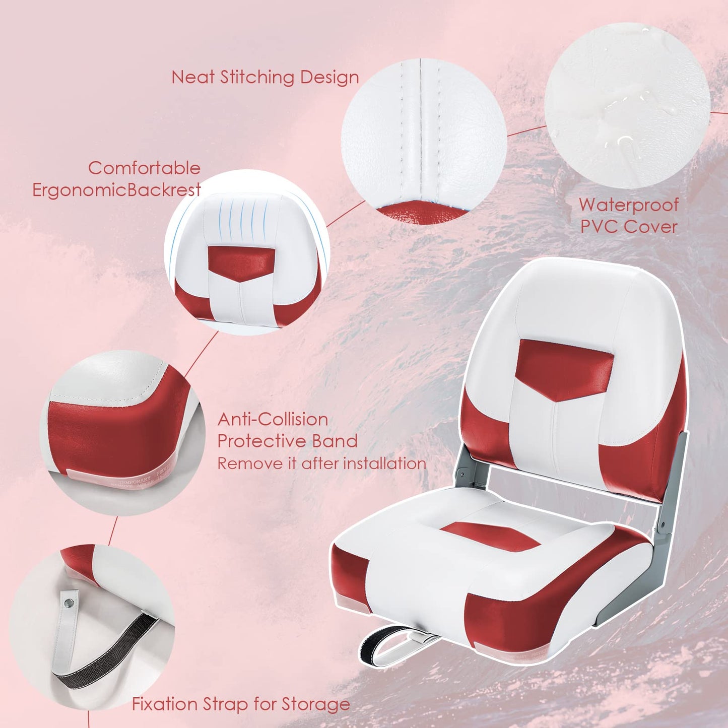 2 Pieces Folding Low-Back Boat Chair Set with Long Fixation Strap