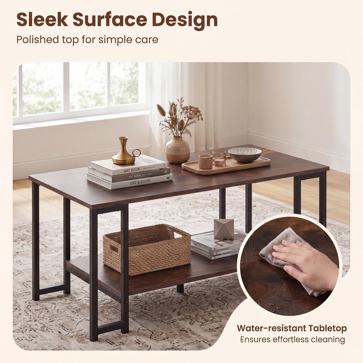 2-Tier Coffee Table Modern Accent Table with Open Storage Shelf Center Table