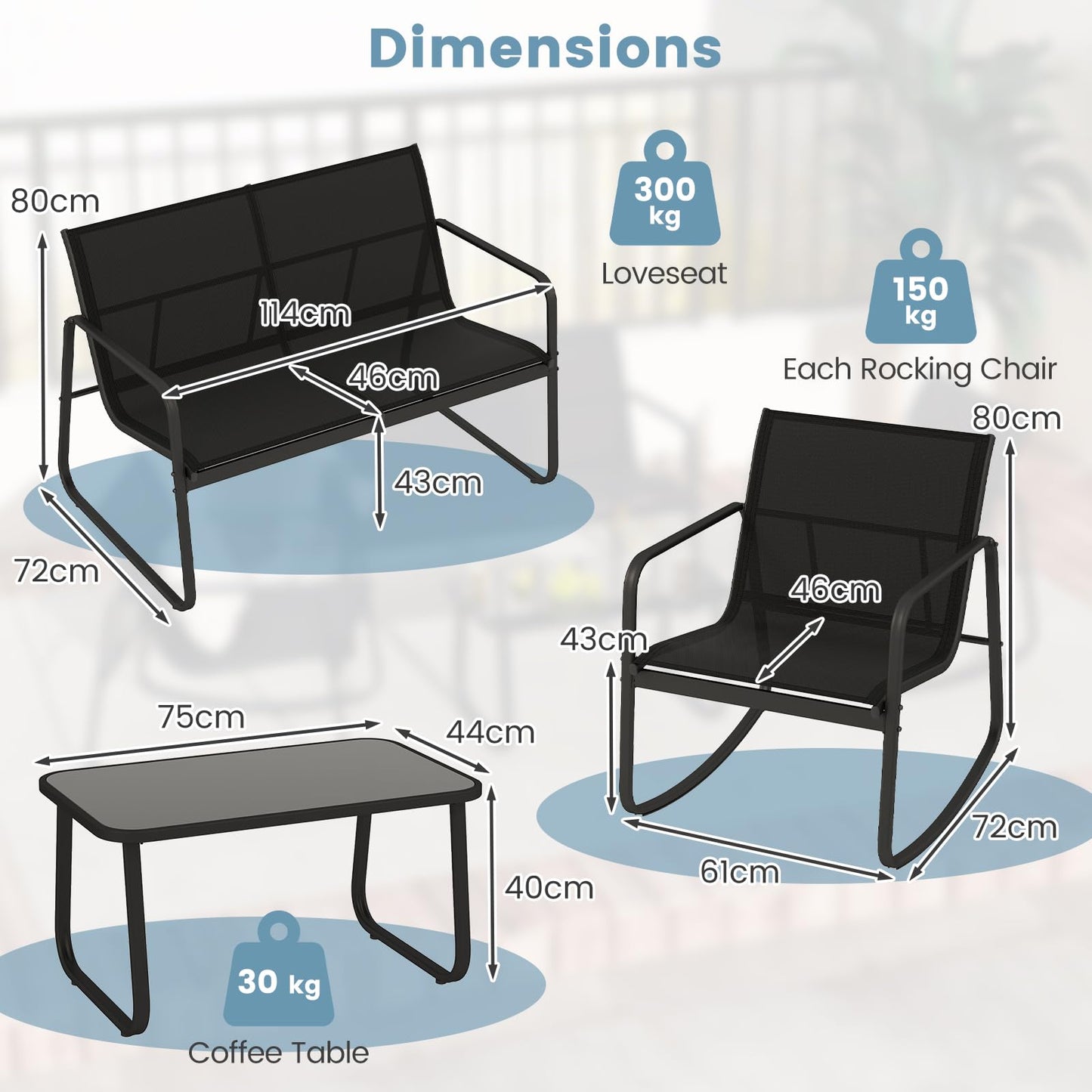 Metal Frame Outdoor Conversation Set with Loveseat and Glass Coffee Table