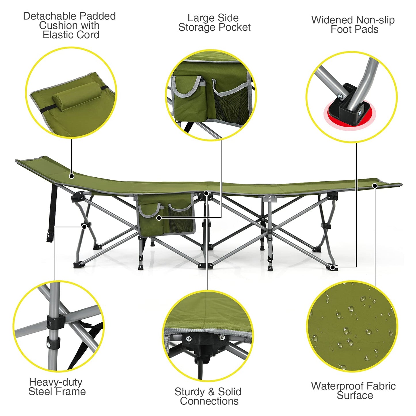 Heavy Duty Outdoor Sleeping Cot with Detachable Headrest