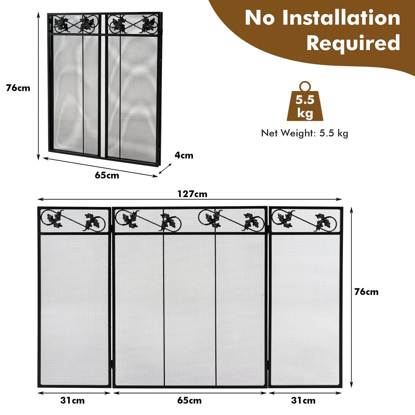 GiantexUK 3-Panel Folding Fire Guard, Metal Mesh Fireplace Screen