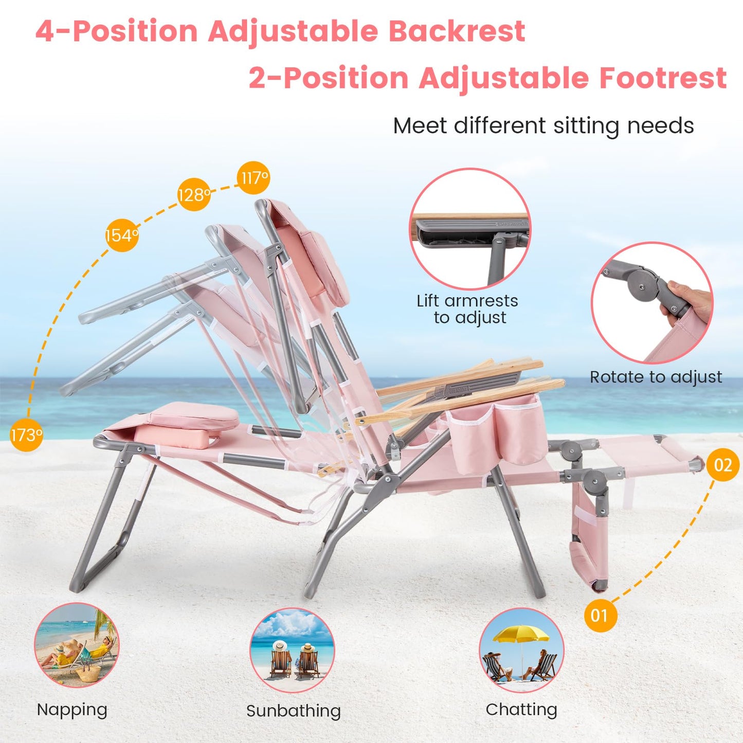 3-IN-1 Foldable Beach Chair Lay-Flat Tanning Chair with Face Hole