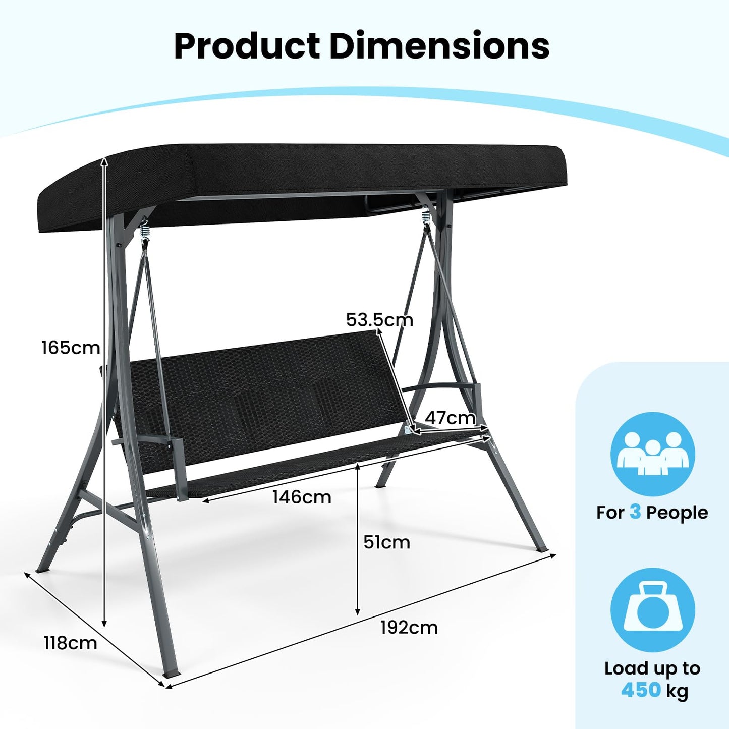3-Person Porch Swing with Stand Adjustable Canopy Swing with Rattan Seat