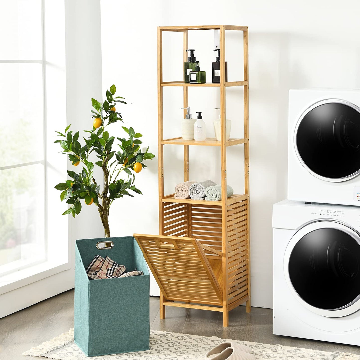 Bathroom Tilt-out Laundry Hamper Organizer with 3-Tier Storage Shelves