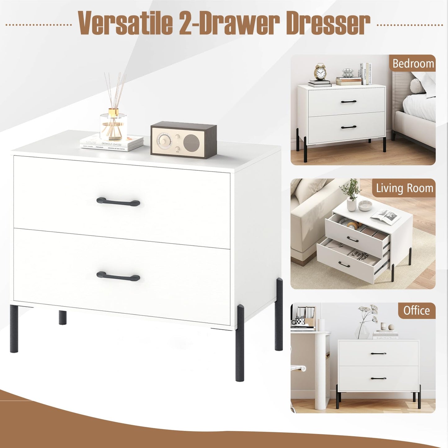 Wooden Chest of Drawers, 2-Drawer Dresser Storage Cabinet