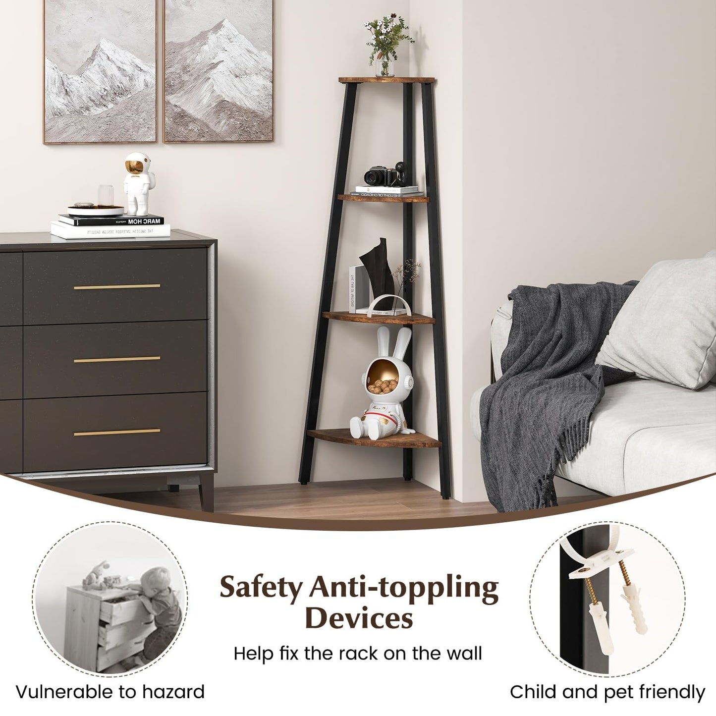 4-Tier Corner Ladder Shelf with Heavy-duty Metal Frame and Anti-toppling Device