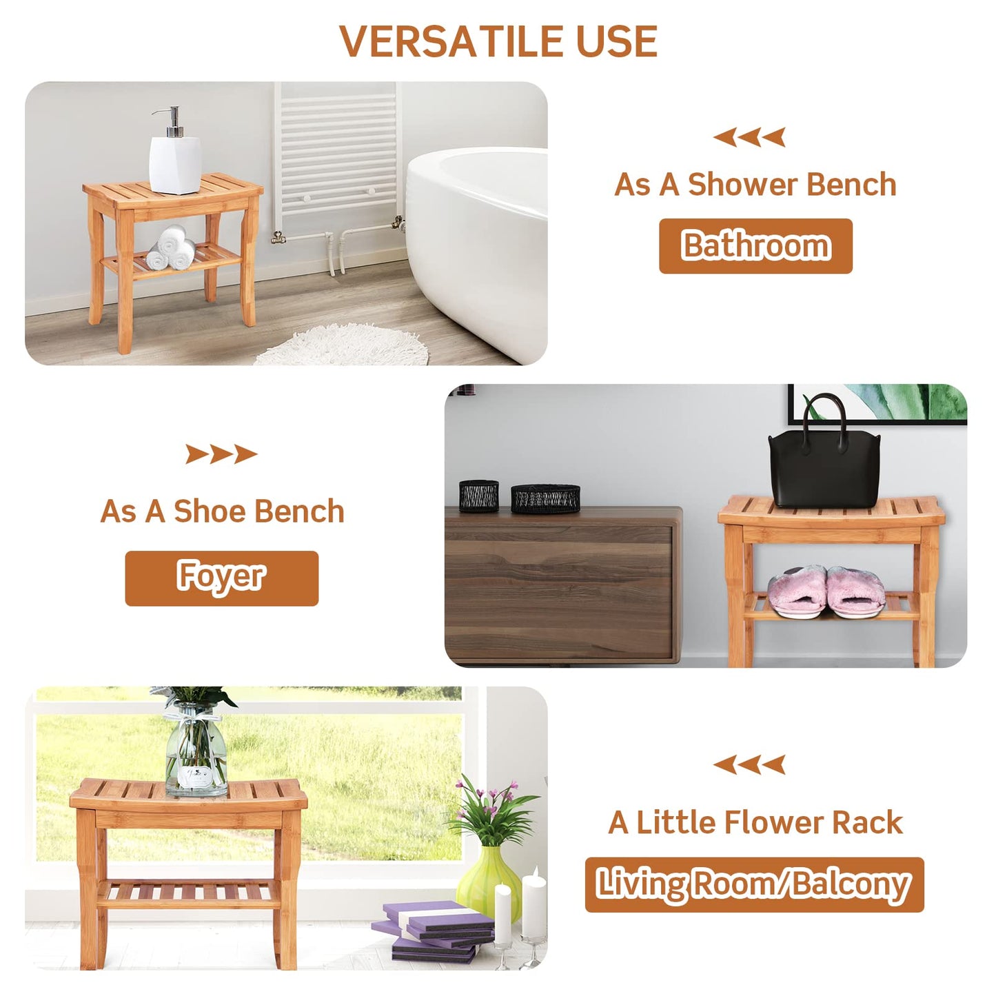 2-Tier Slatted Spa Bath Stool Shower Seat with Storage Shelf and Non-Slip Feet