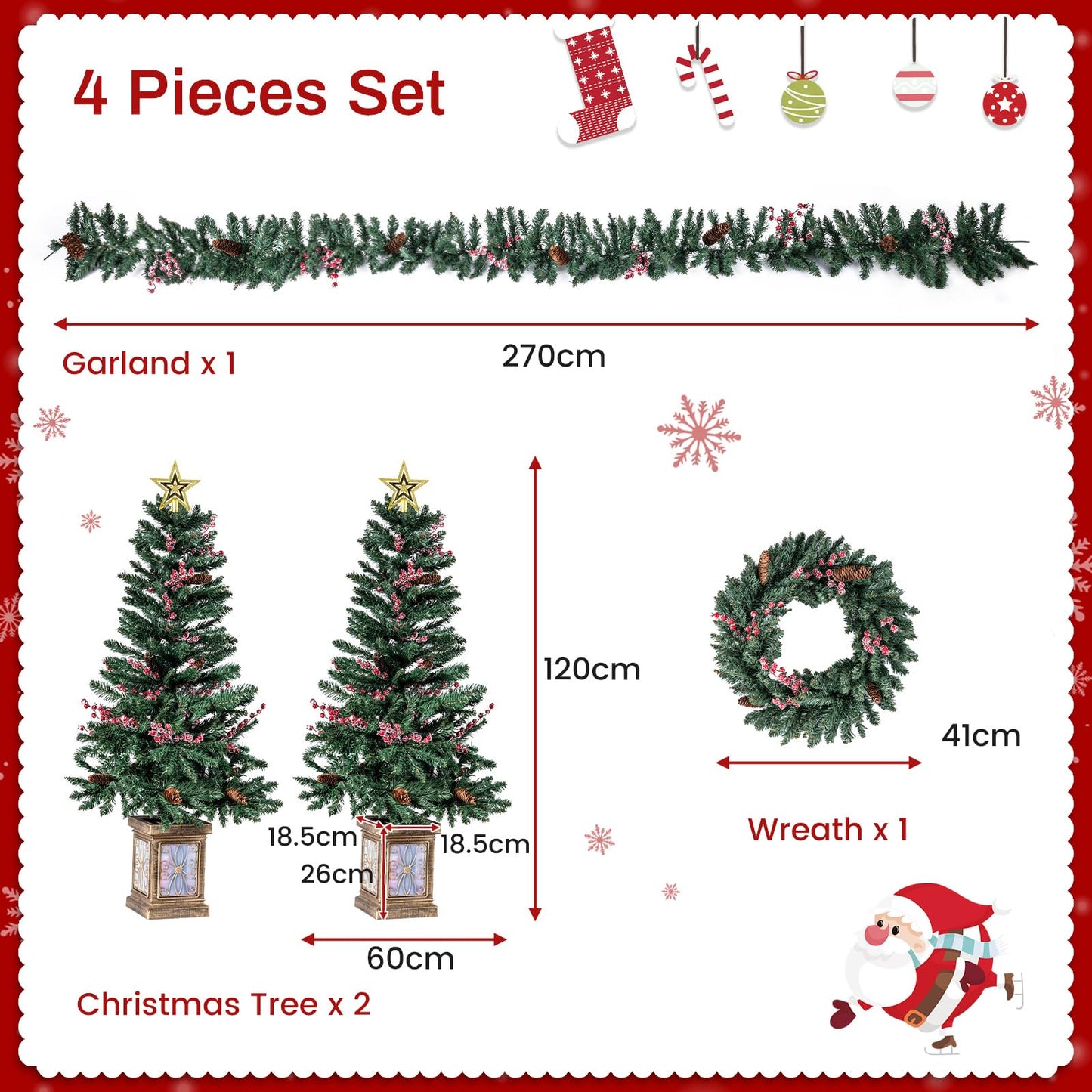 2 Pack Entrances Trees with Garland and Wreath Potted Christmas Tree Set of 4