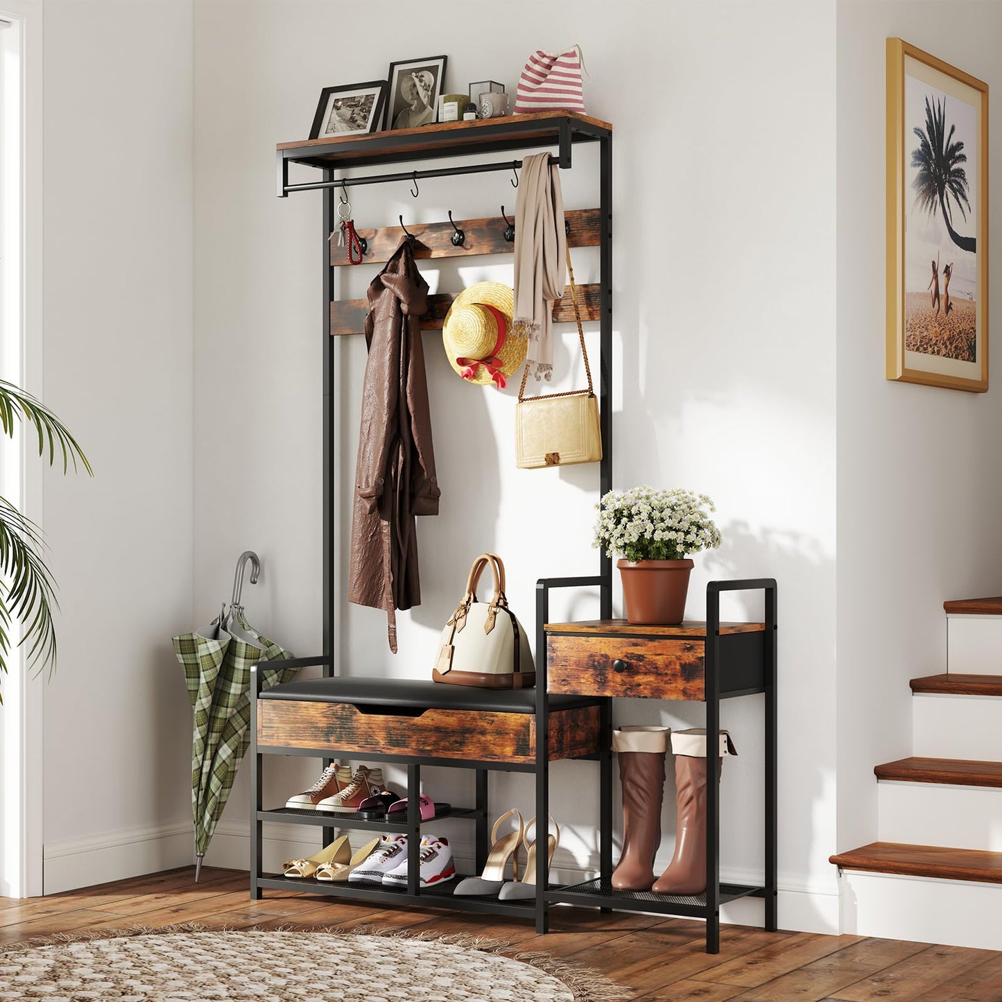 Freestanding Coat Rack with Shoe Rack and Storage Shelf