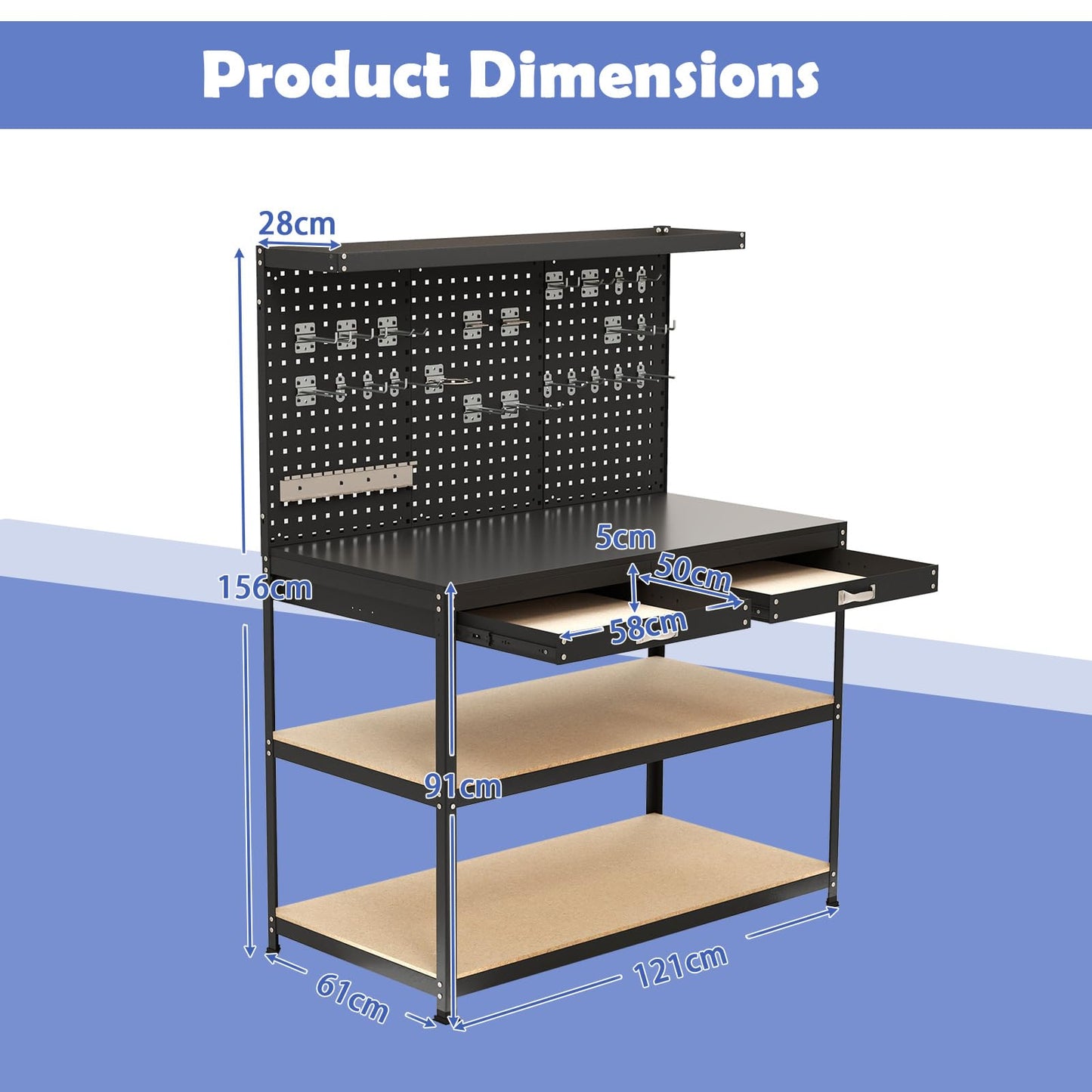 121x61x156cm Metal Workbench with Pegboard with 2 Drawers & 24 Hanging Accessories