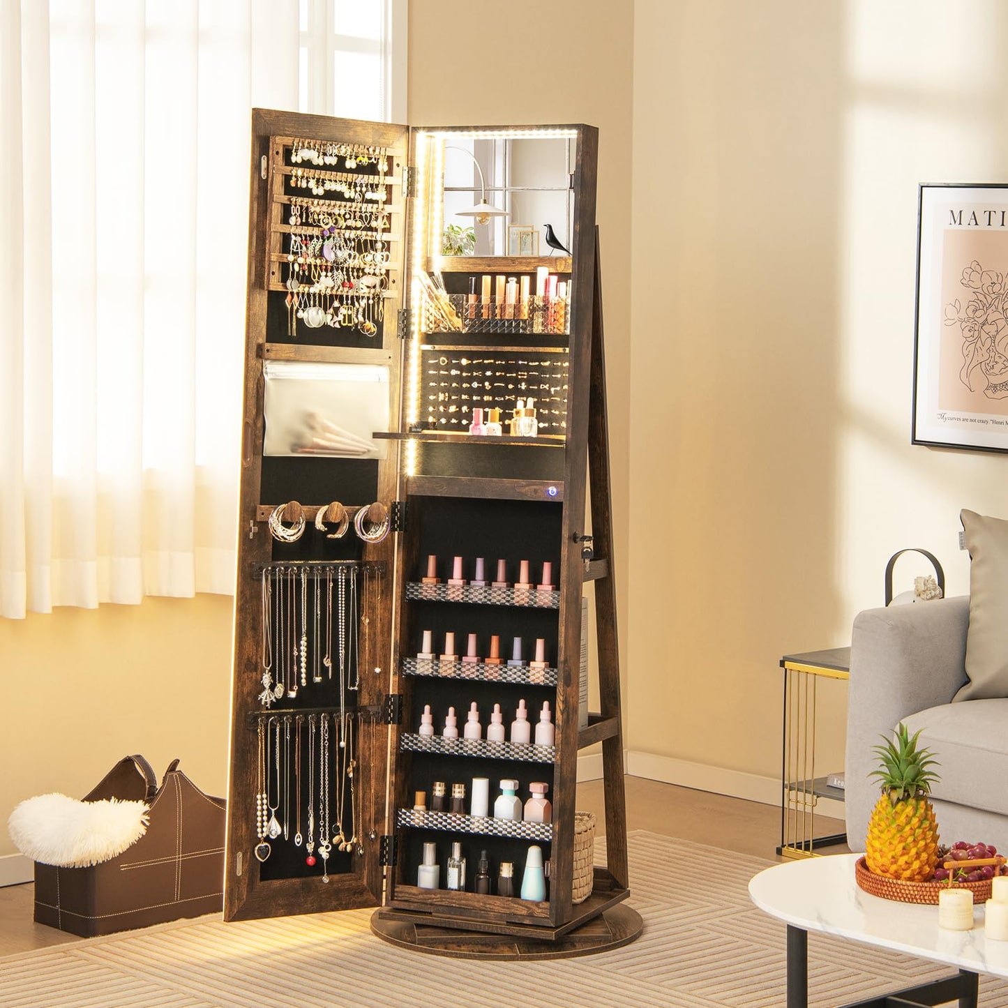 360° Swivel Jewelry Cabinet with LED Lights, Foldable Shelf