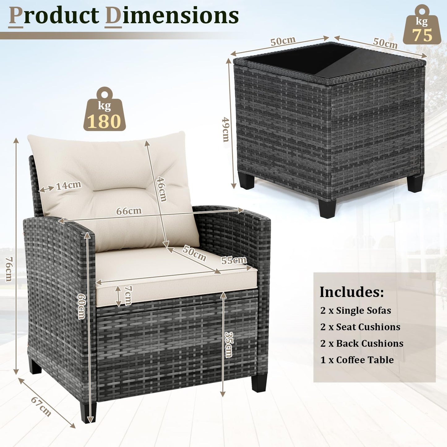 3 Pieces Metal Frame Garden Coffee Table and Sofa Chairs Set with Cushions