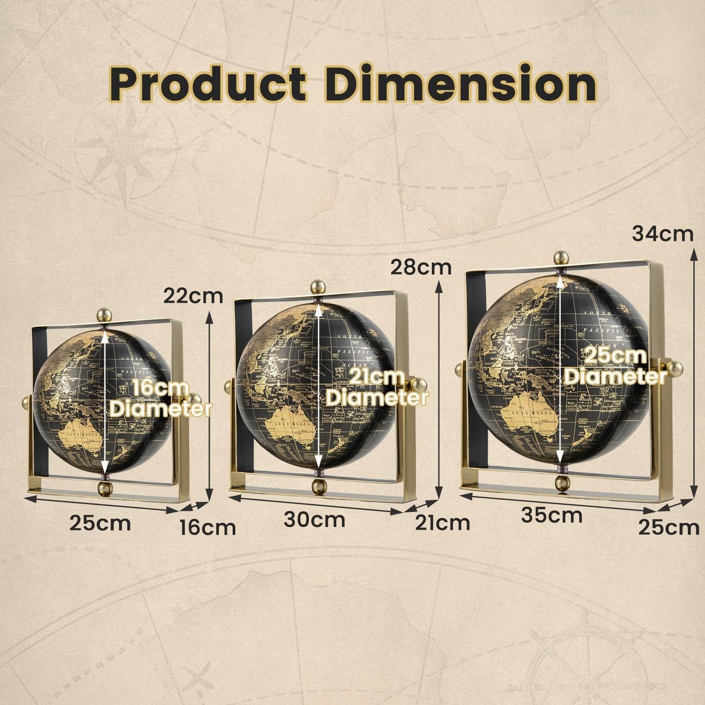 Giantex 25cm World Globe 720° Rotating Antique Earth Map with Square Frame Stand