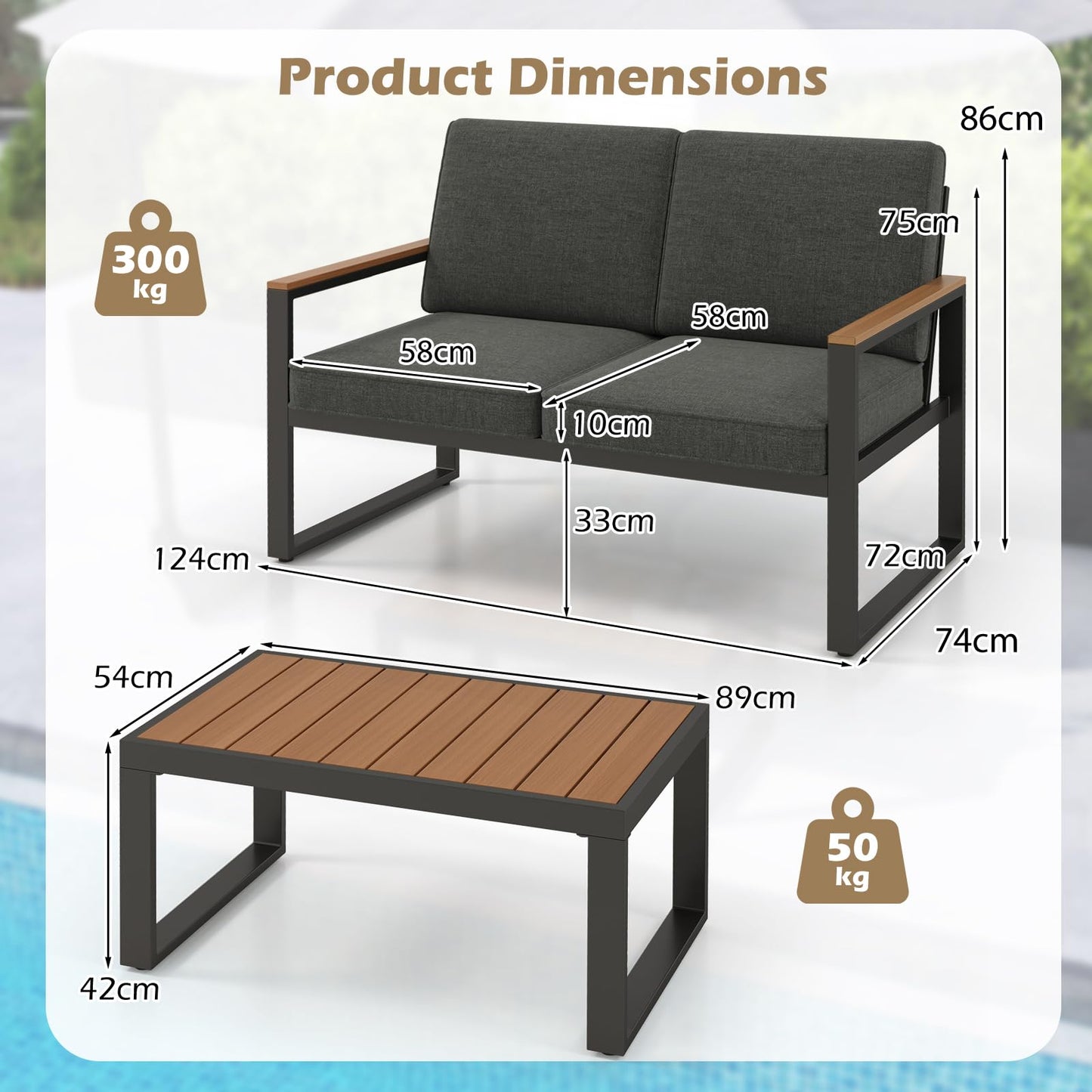 2-Seater Patio Aluminum Furniture Set with Coffee Table and Cushions
