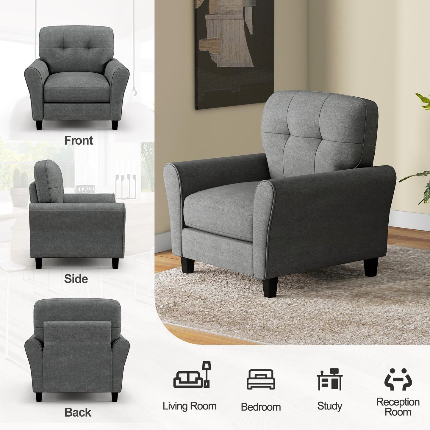 Tufted Upholstered Accent Chair with Non-slip Foot Pads