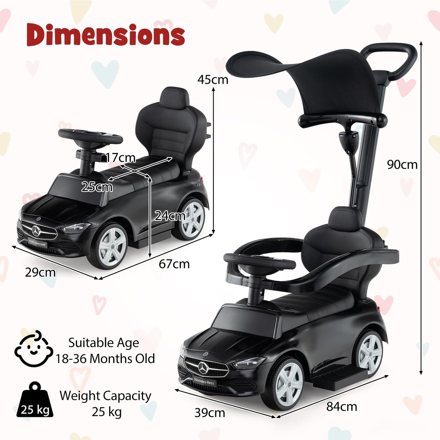 3-in-1 Ride on Push Car with Adjustable Canopy and Steering Push Bar