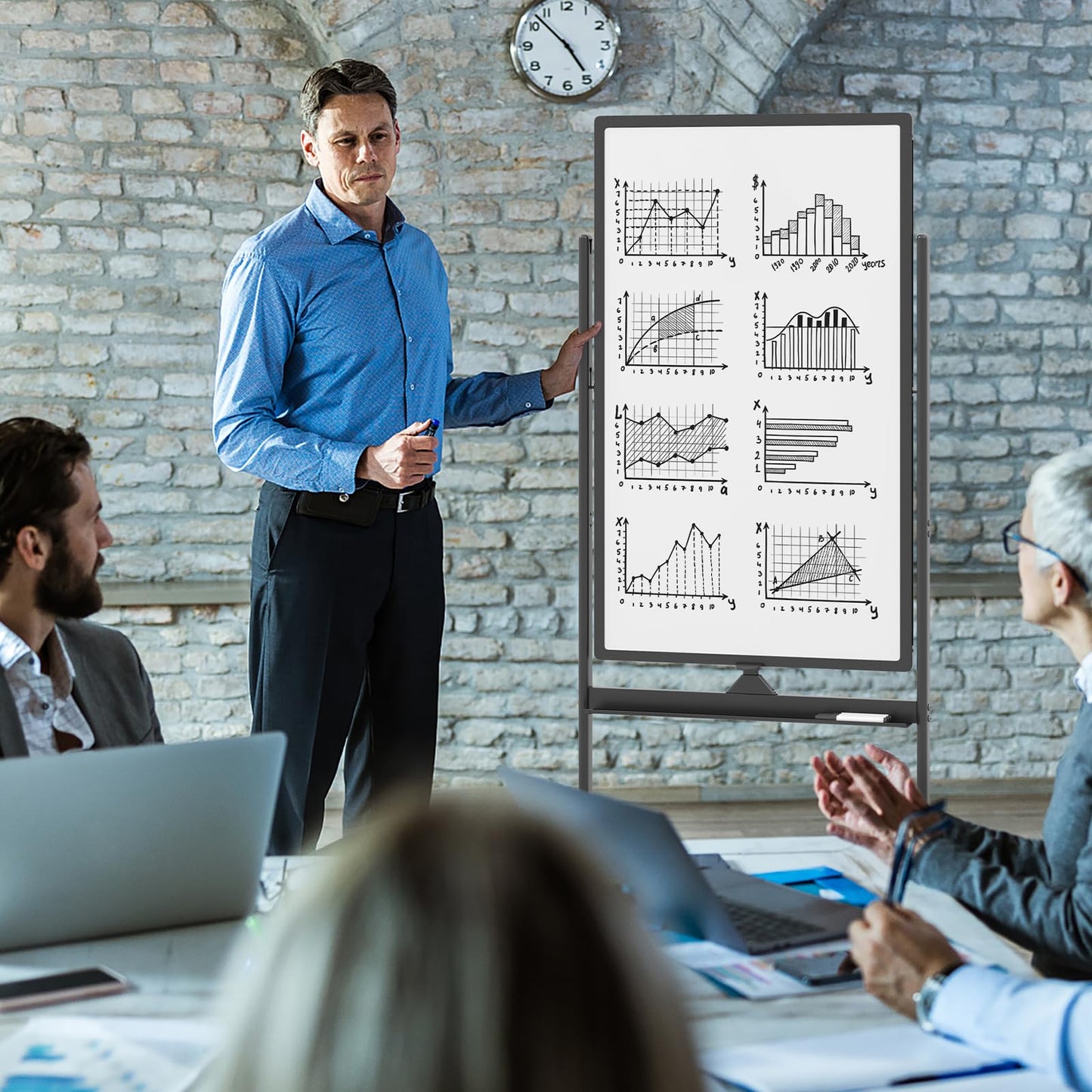 Reversible Rolling White Board with Black Markers and Board Eraser