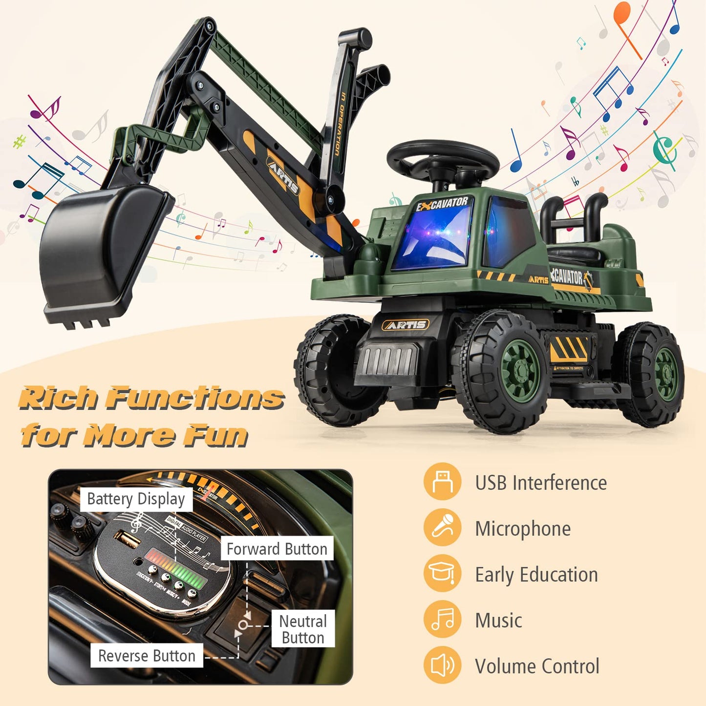 Kids Ride On Excavator with Rotating Seat and Underneath Storage
