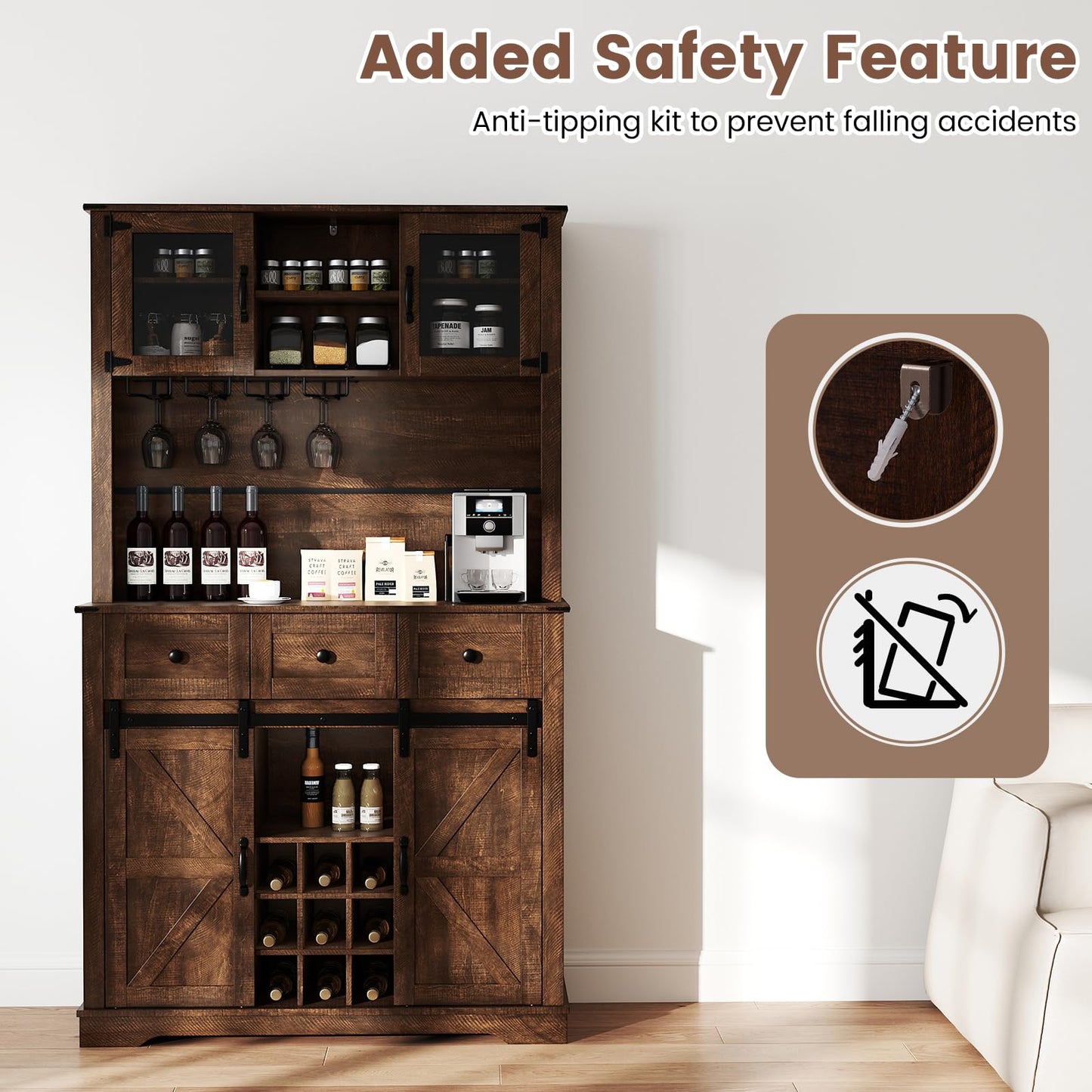 184cm Tall Buffet Storage Cabinet with Wine Rack for Pantry Dining Room
