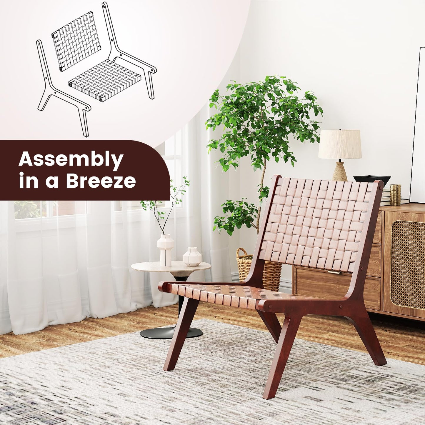 Set of 2 Woven Leather Accent Chairs with Wood Frame