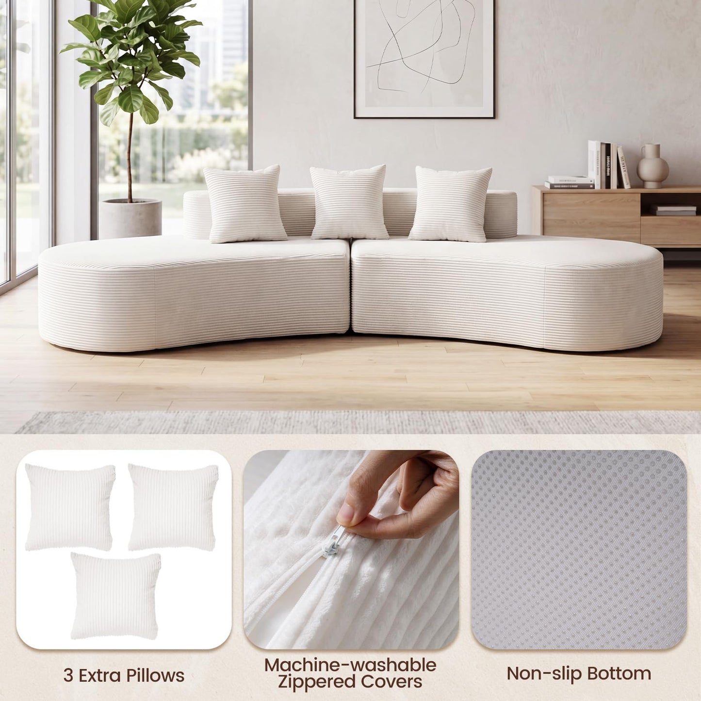 306cm Curved Sofa Couch, 5-Seater Sectional Boneless Sofa Bed with 3 Comfy Pillows