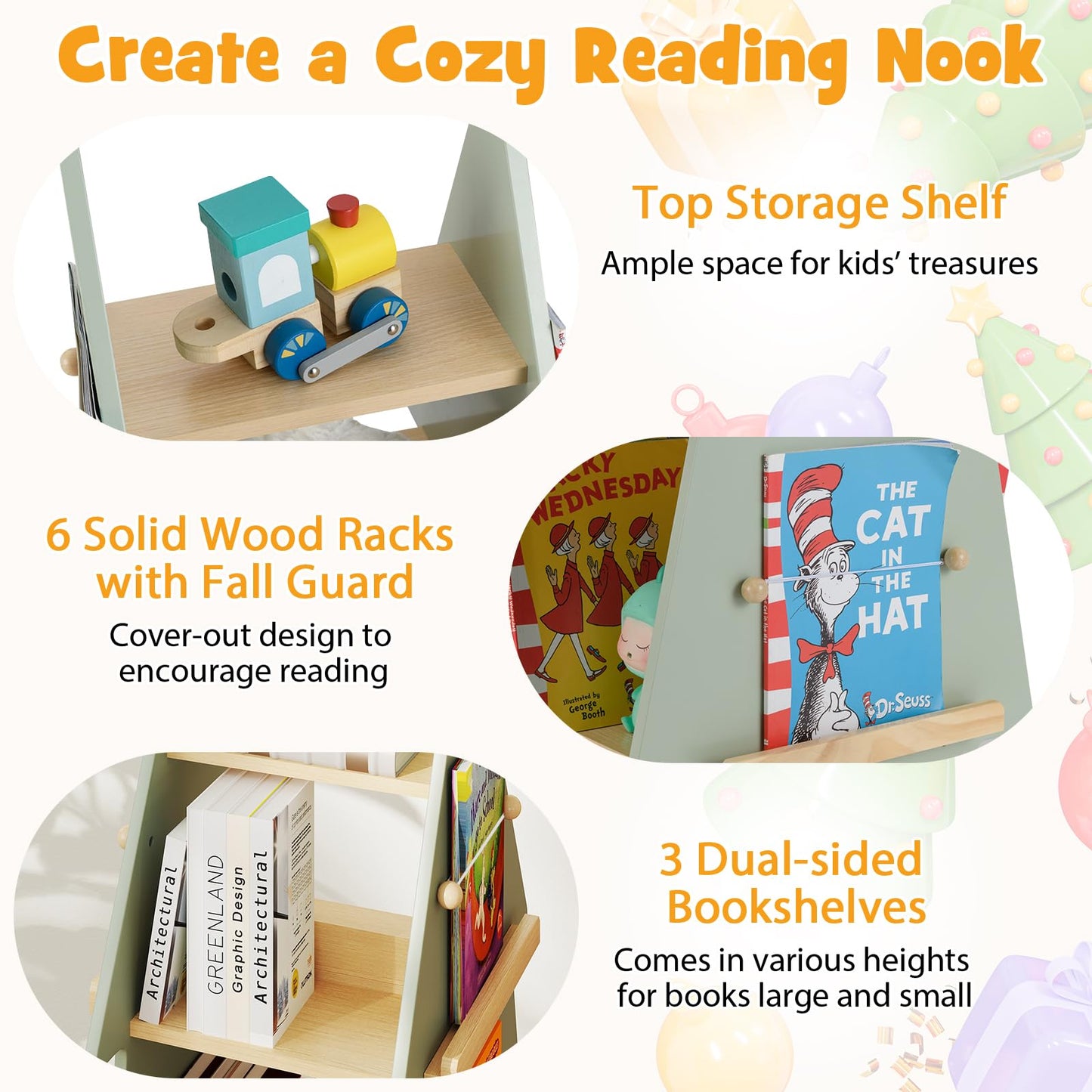 4 Tier 360°Rotating Childrens Bookcase with Side Hooks