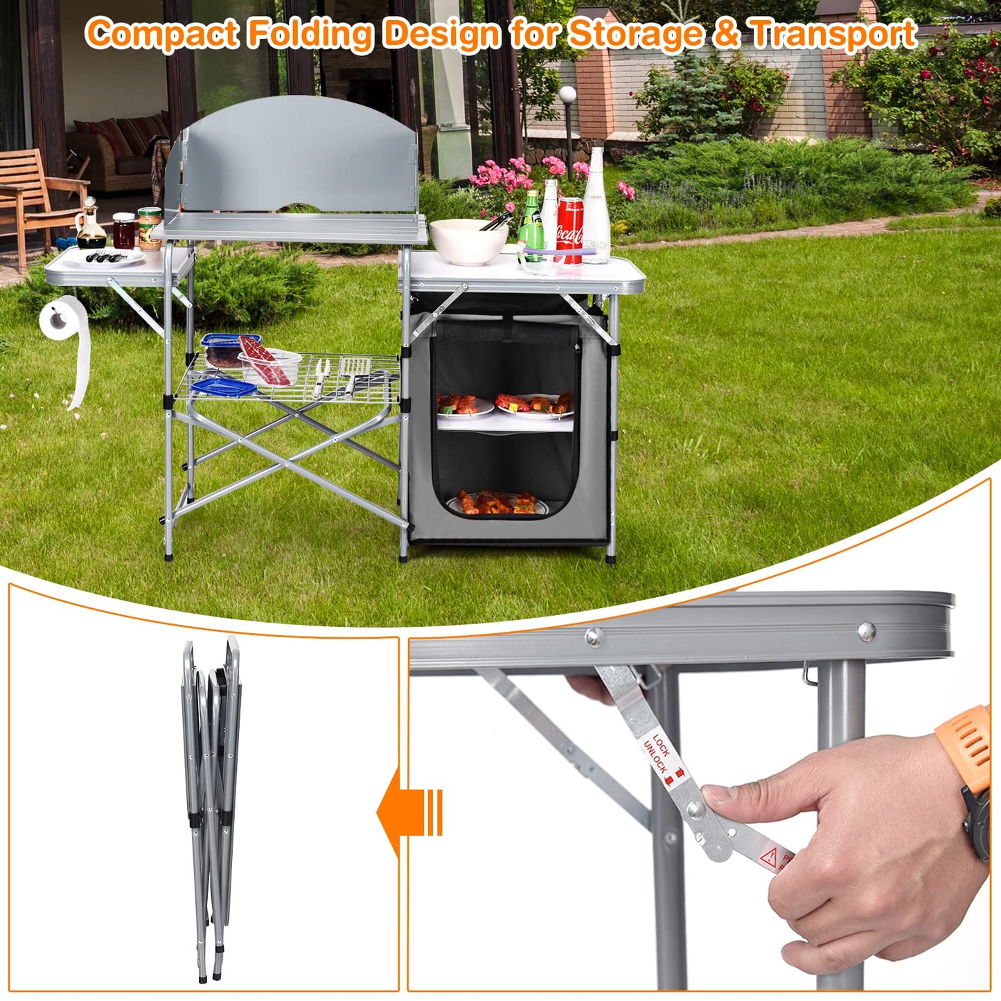 Outdoor Camping Table with Storage and Windscreen for BBQ