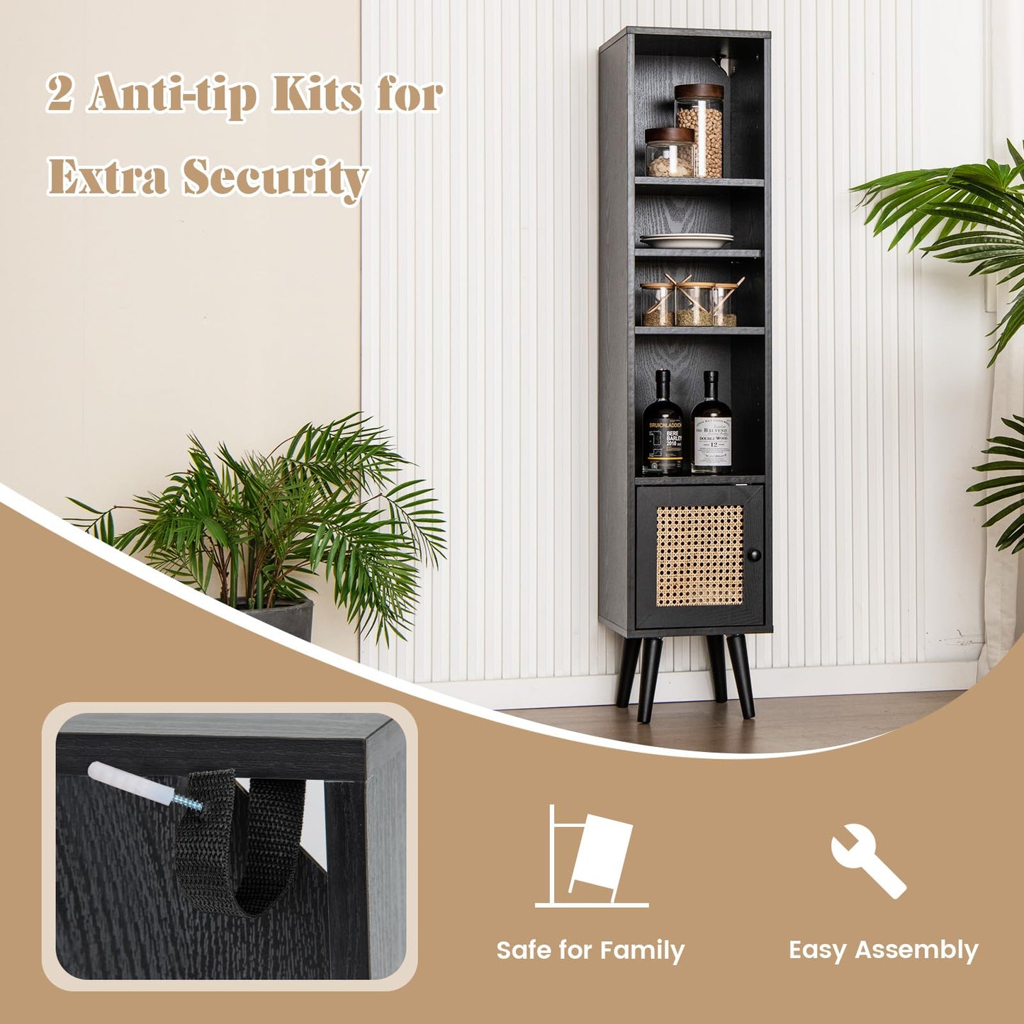 Freestanding Slim Cabinet with Rattan Door and Solid Wood Legs