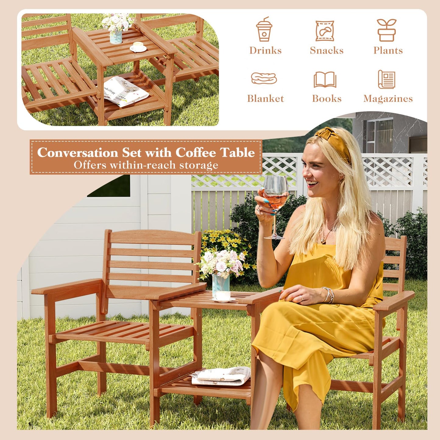2-Seater Wooden Bench Seat with 2 Tier Coffee Table and Umbrella Hole