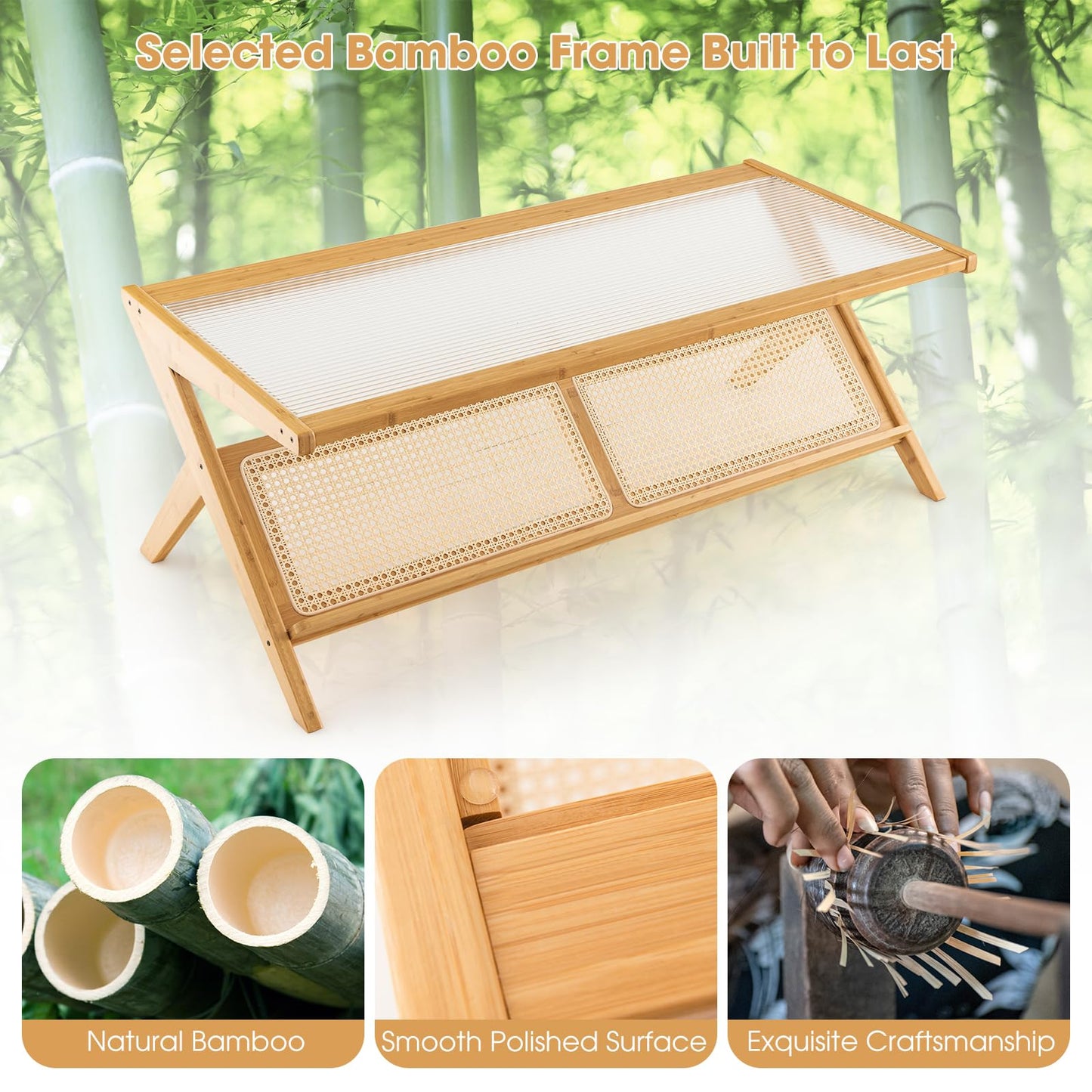 Tempered Glass Cocktail Tea Center Table with Rattan Magazine Storage Shelf