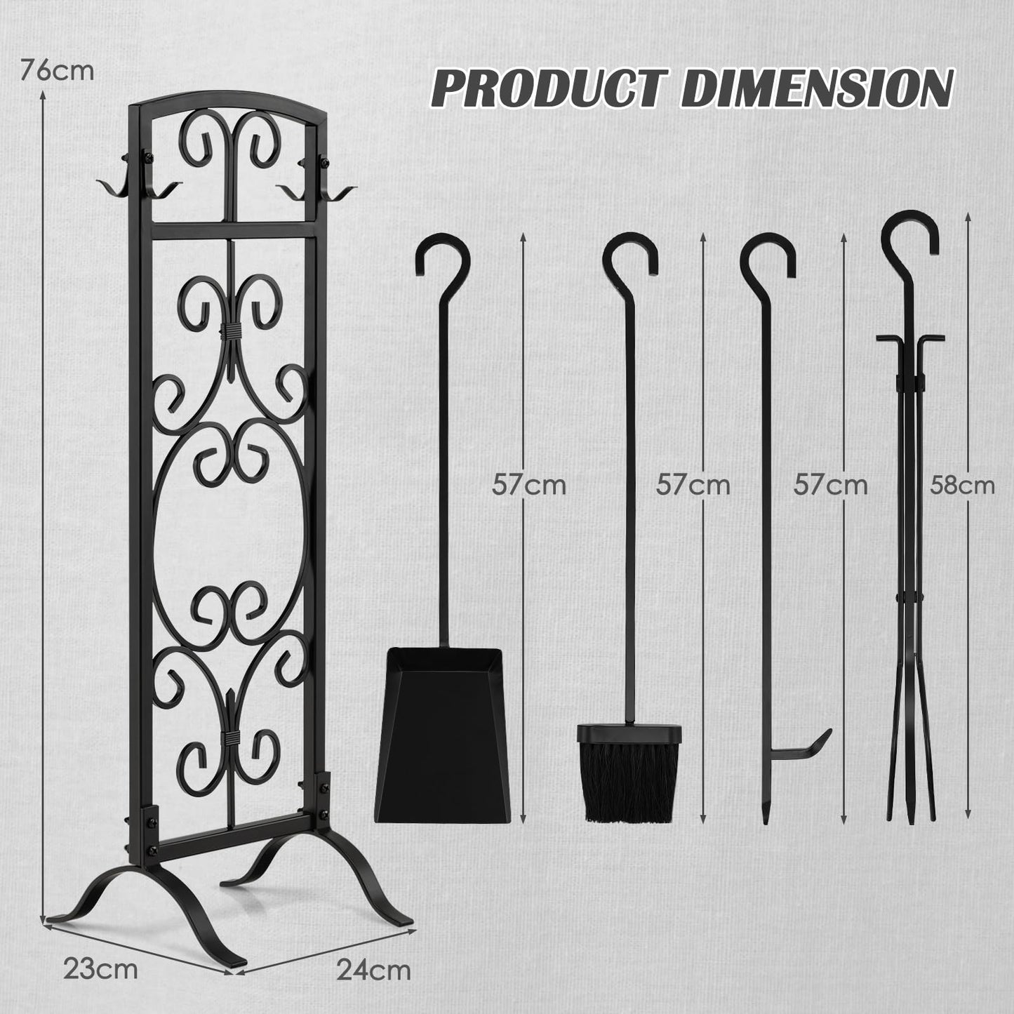 GiantexUK 30"/76cm 5-Piece Fireplace Companion Set, Wrought Iron Fire Place Tools Set