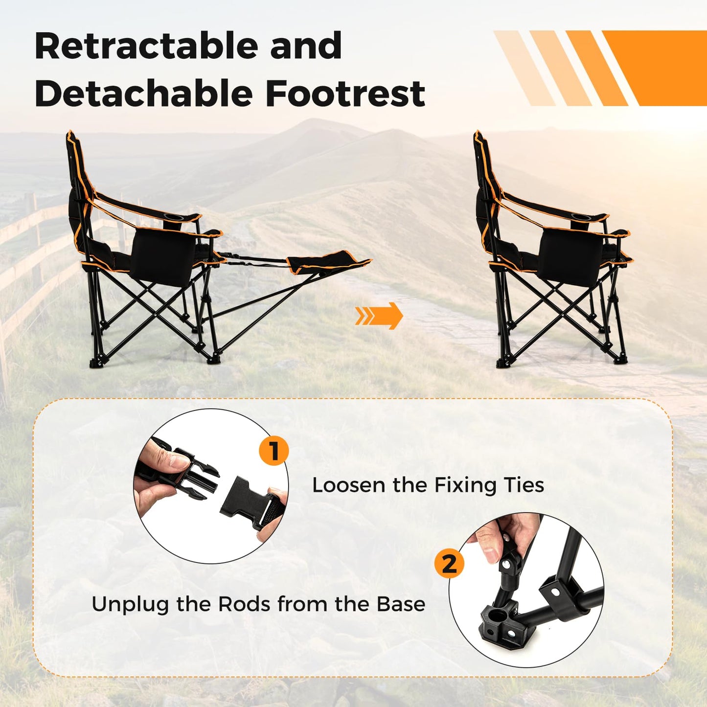 Portable Reclining Camp Chair with Detachable Footrest
