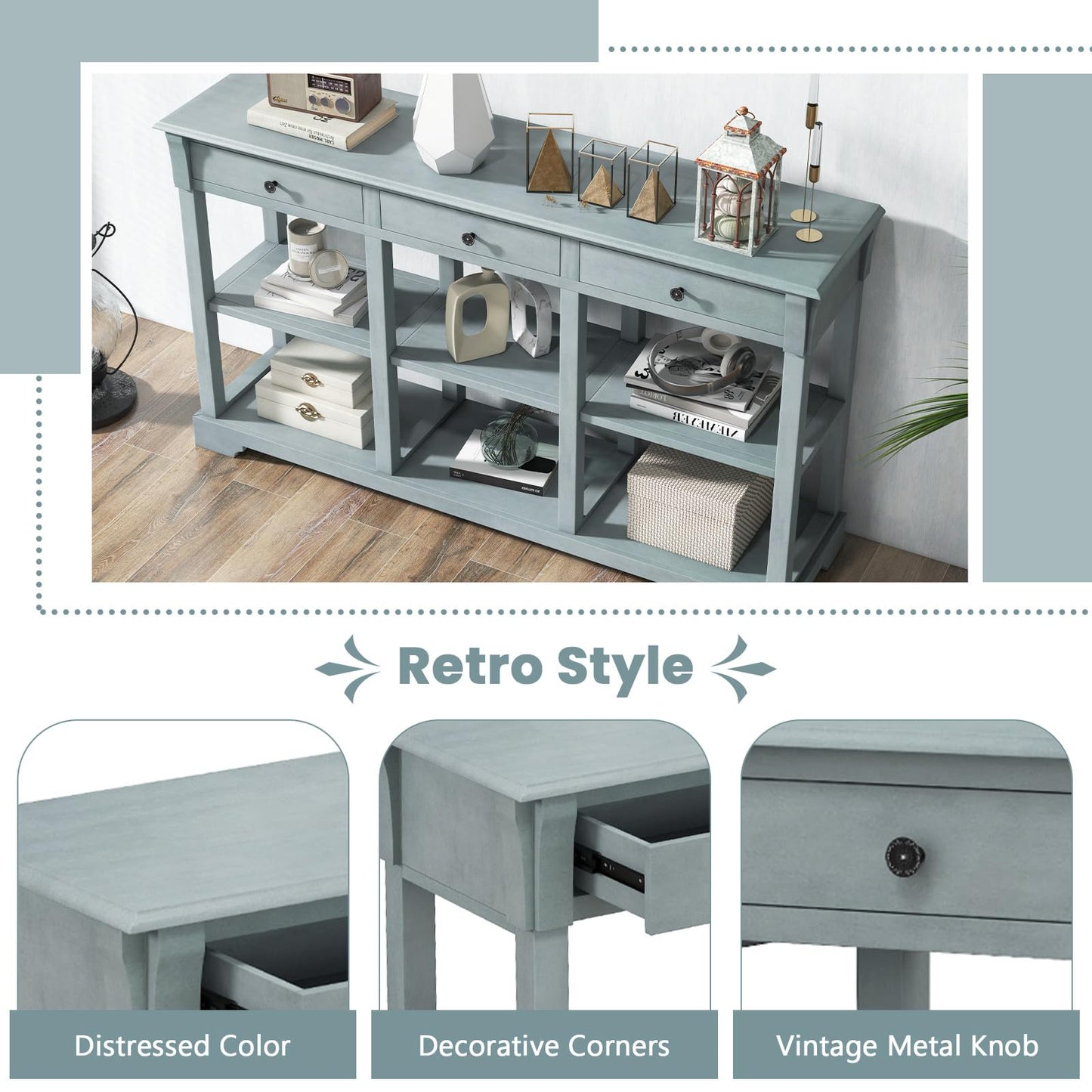 146cm Long Slim Entryway Sofa Table with 3 Drawers & Open Storage Shelves