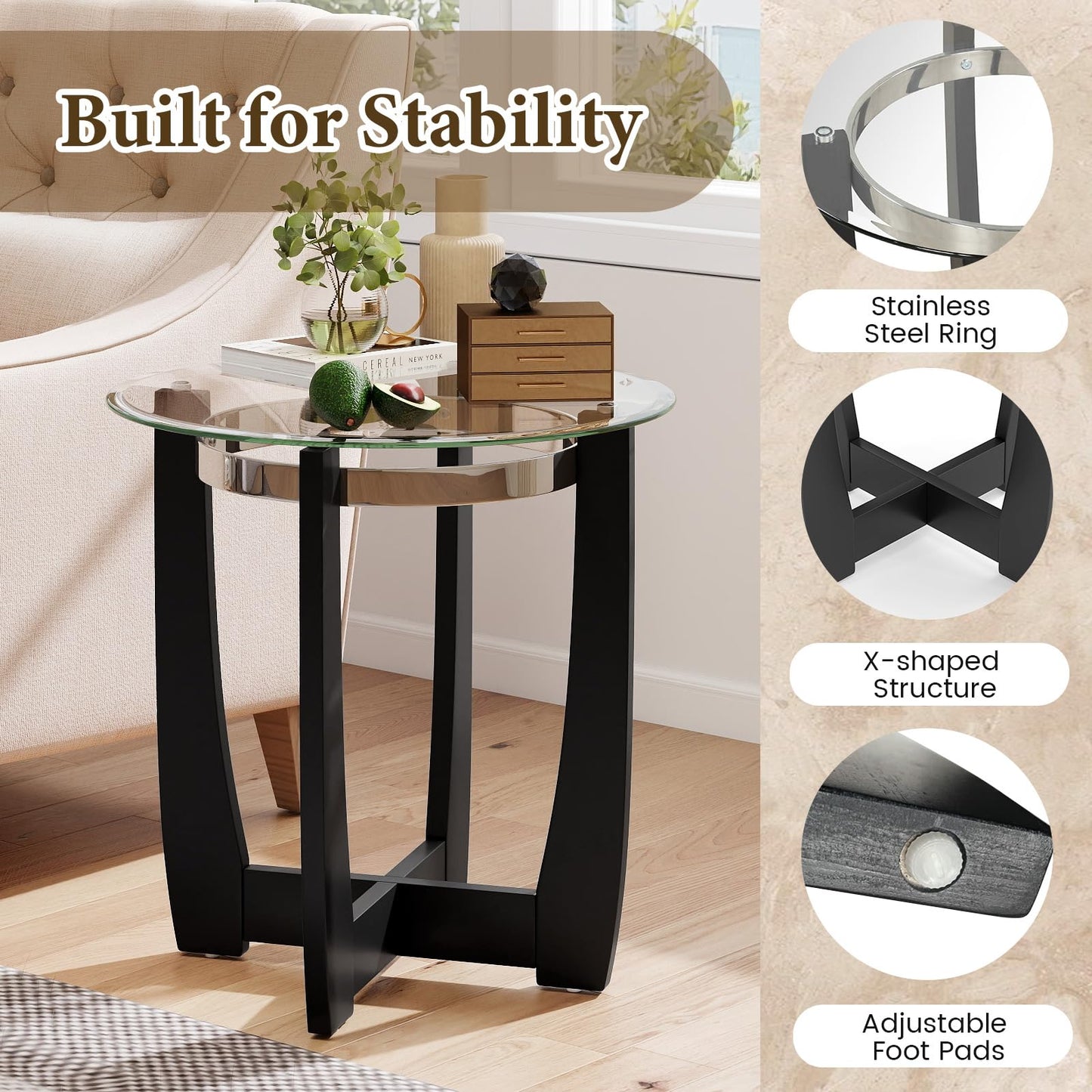 Tempered Glass End Table, Round Sofa Side Table with Rubber Wood Cross Base