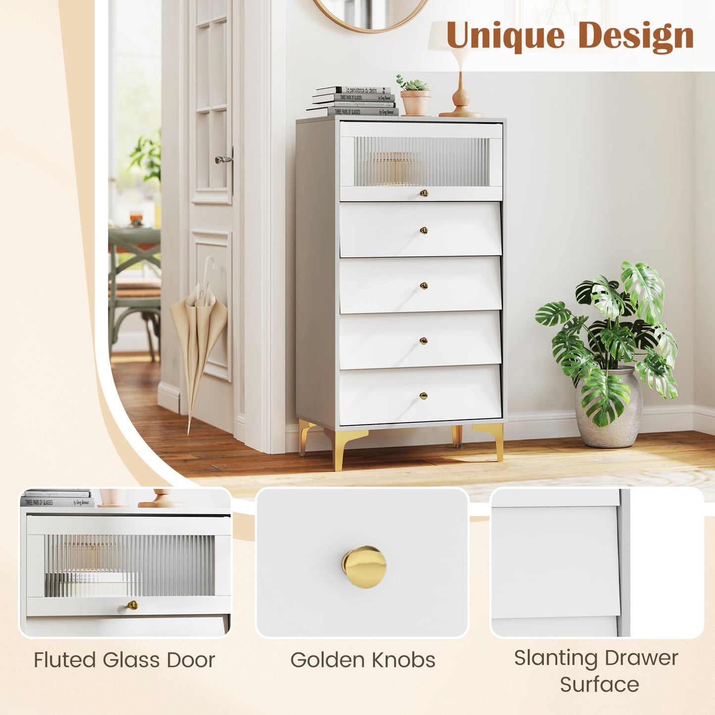 Giantex Chest of Drawers 3/4-Drawer Dresser Storage Cabinet with Flip Up Glass Door (Gray, 5-Tier)