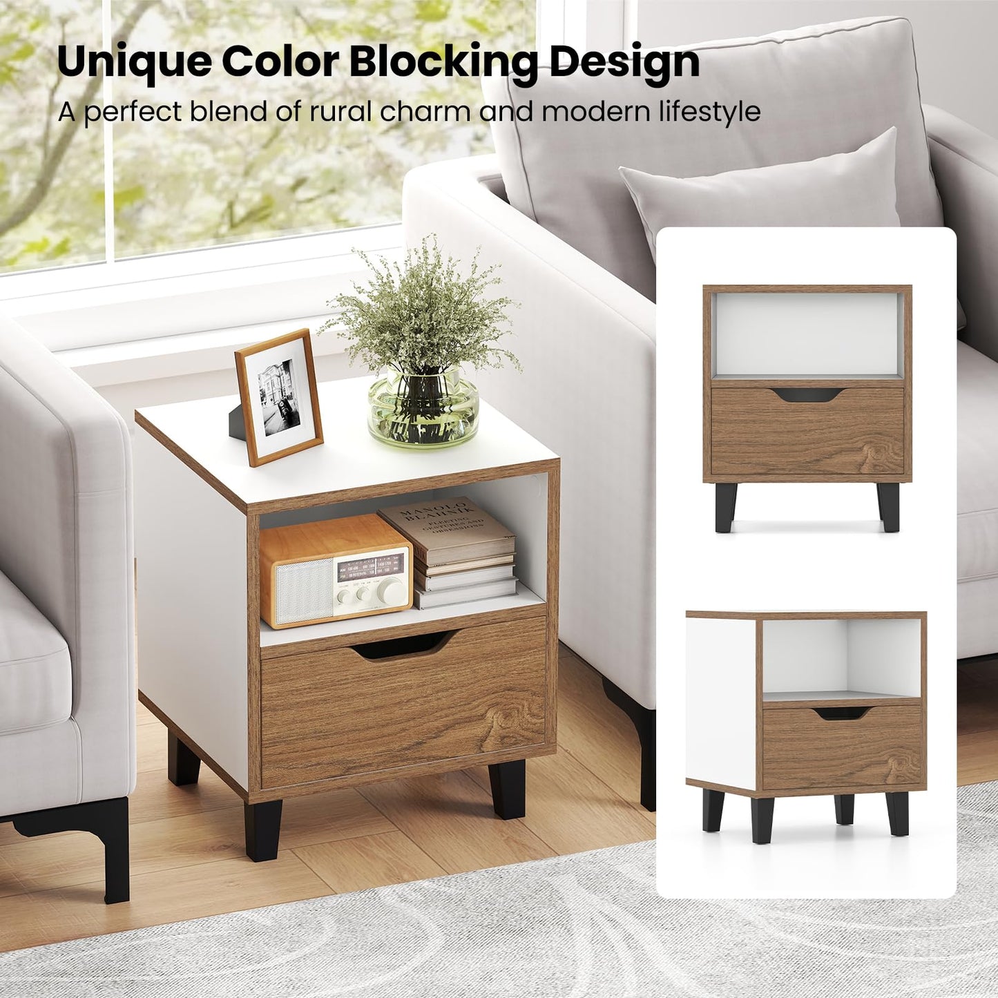 Mid Century Modern Nightstand Set of 2 with Drawer and Open storage Shelf