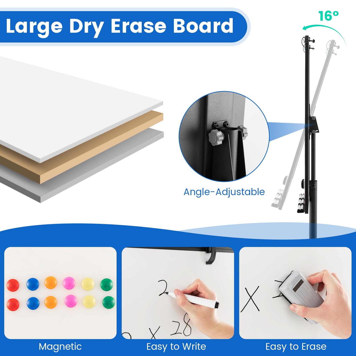 100x65cm Height Adjustable Dry Erase Board with Stand