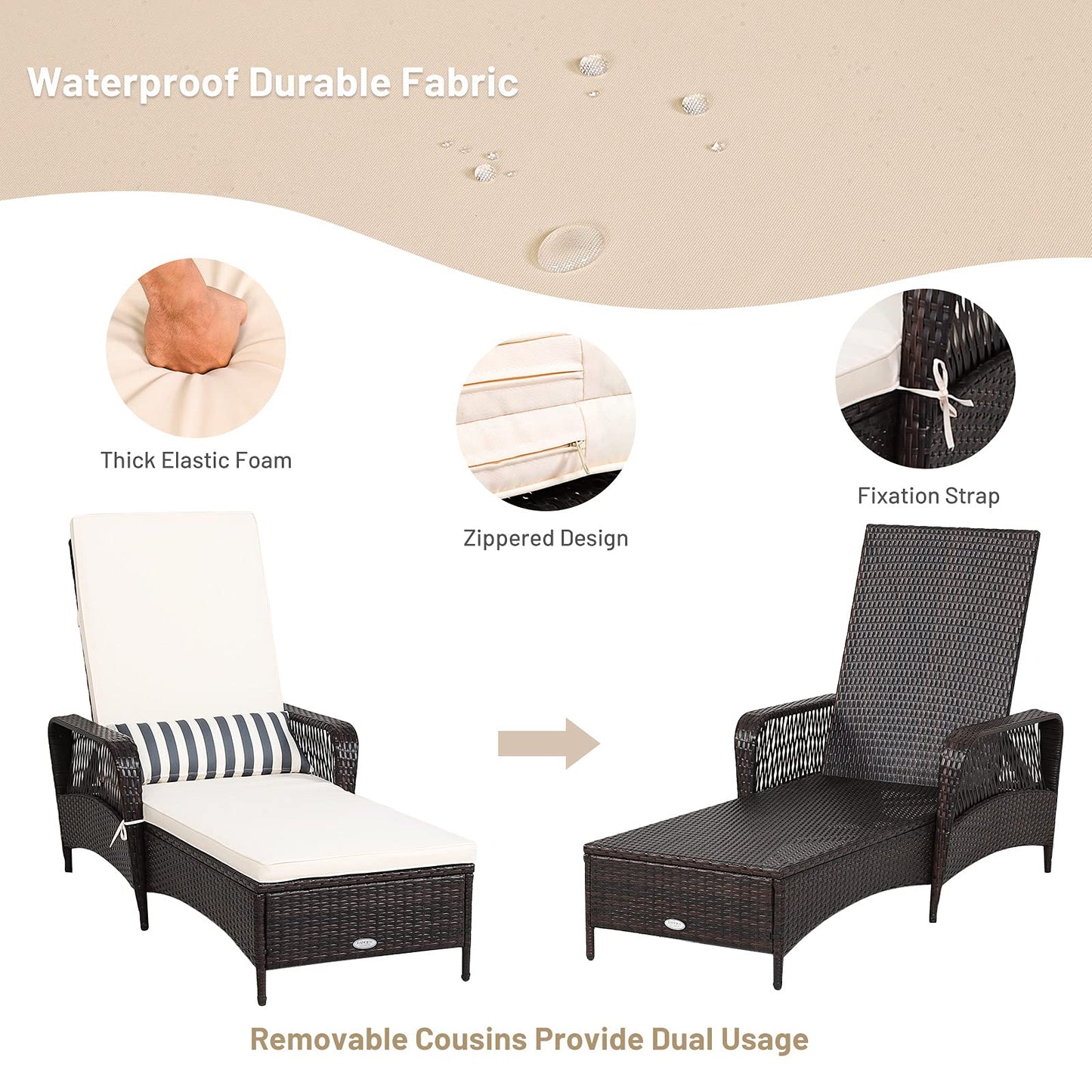 Rattan Sun Lounger with Removable Cushion and Pillow for Outdoor