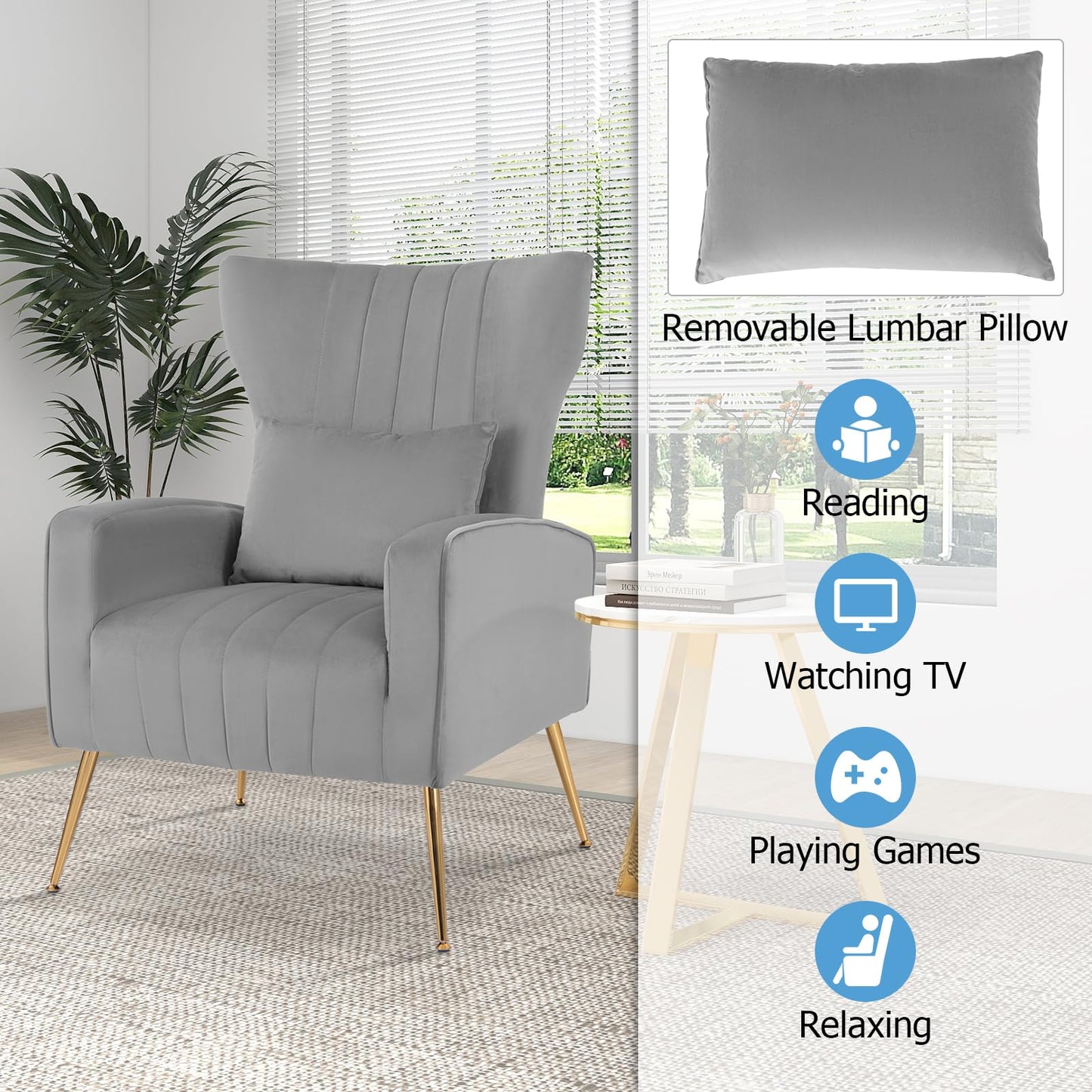 Velvet Upholstered Wingback Chair with Lumbar Pillow and Golden Metal Legs
