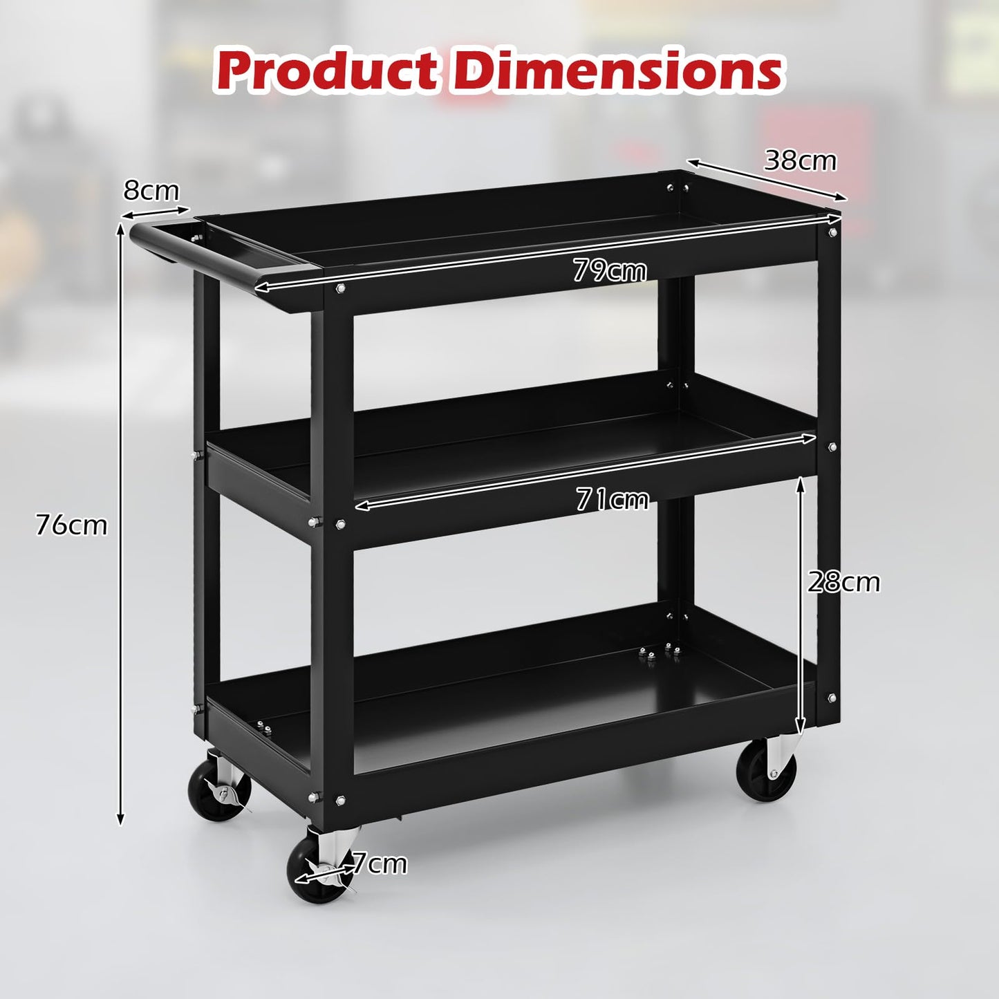 3-Tier Tool Trolley with Handle and Lockable Wheels