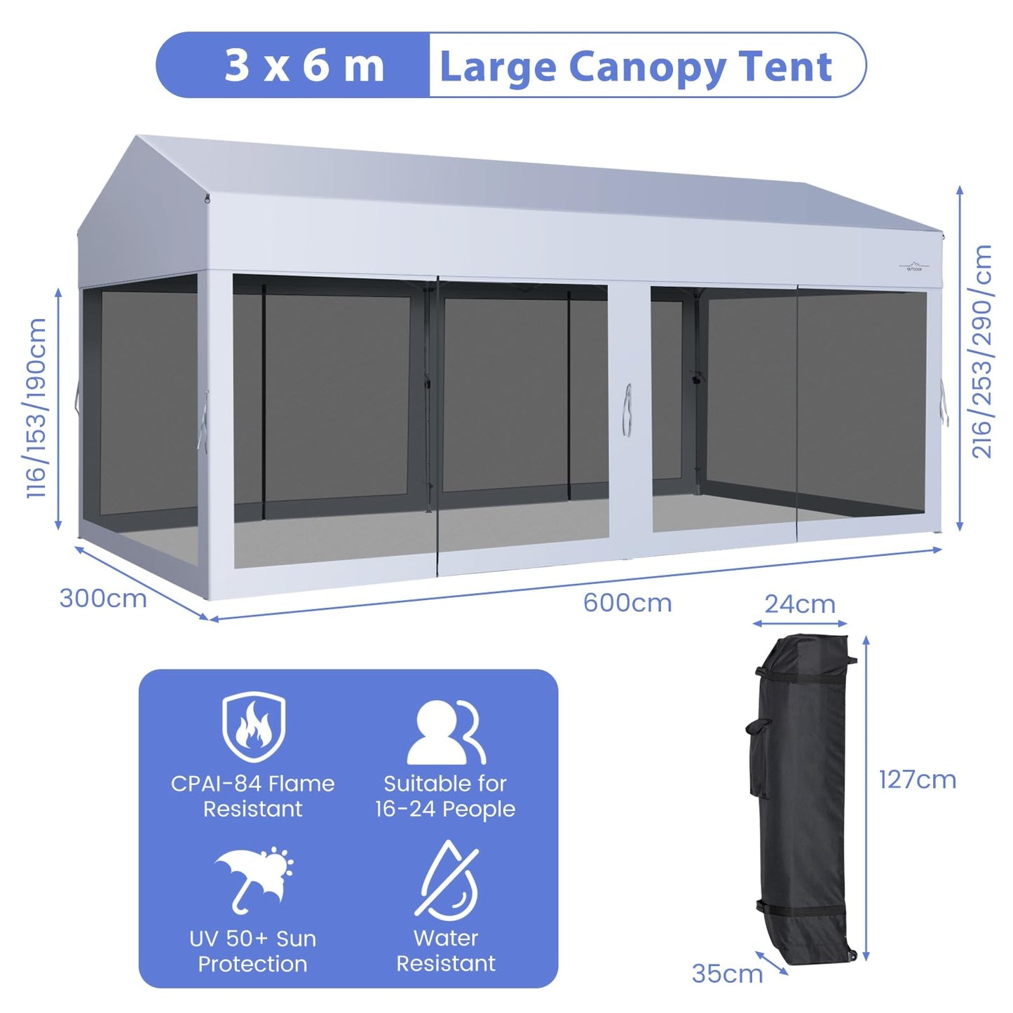 3m x 6m Pop Up Gazebo UV Screen House Party Tent with Removable Sidewalls