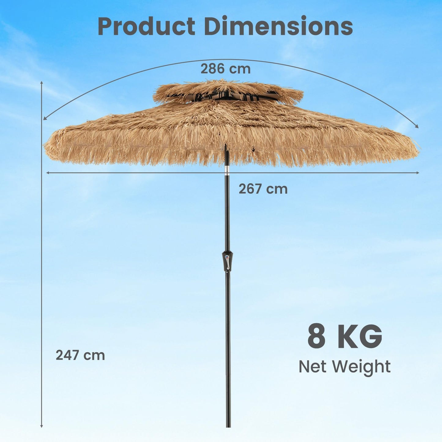 Thatched Tiki Parasol, Tilt Adjustment Hawaiian Patio Beach Umbrella