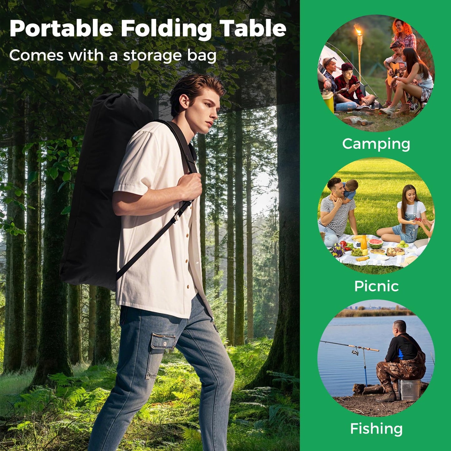 Patio Folding Camping Table Picnic Table with Aluminum Roll-up Tabletop