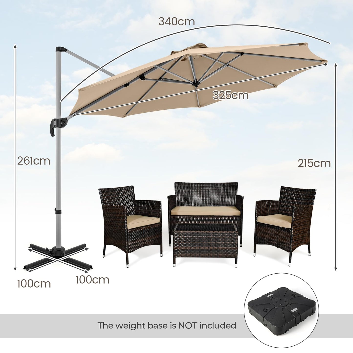 360° Rotation Offset Banana Umbrella with Tilted Design Sun Shade for Patio Market