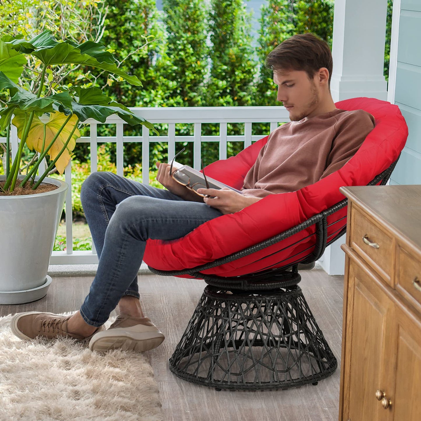Swivel Rattan Papasan Chair Glider Deep Seat with Cushion