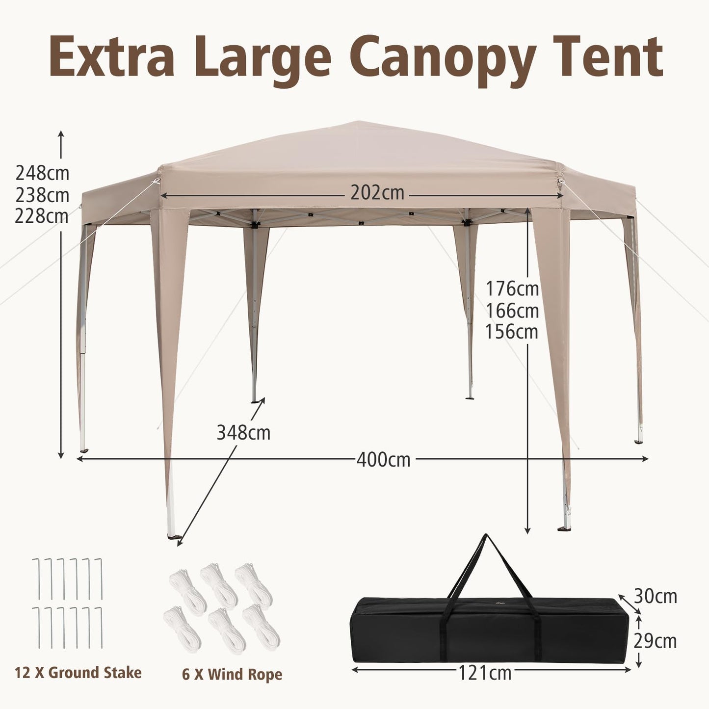 400 x 348cm Hexagonal Pop-Up Canopy Tent with Dressed Legs and Carry Bag