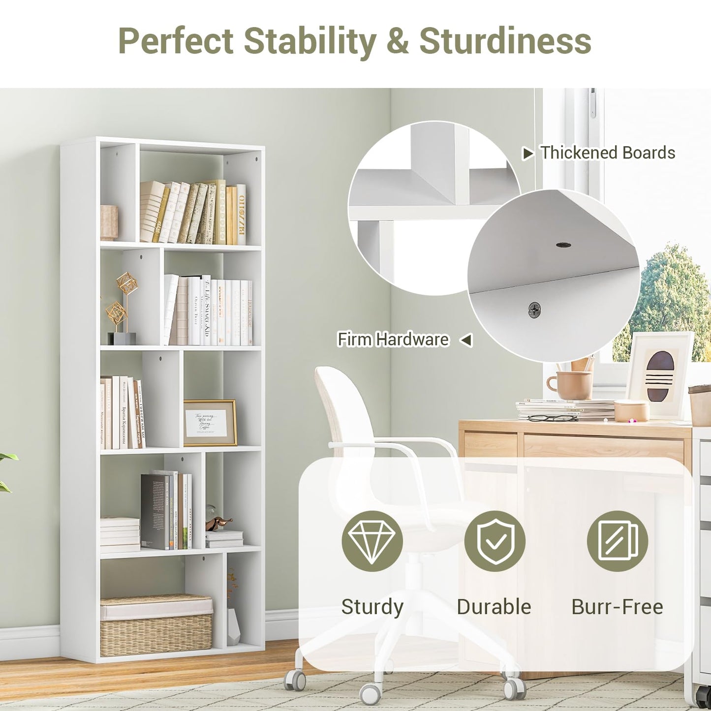 Wood Bookshelf with 10 Compartments Home Study Living Room